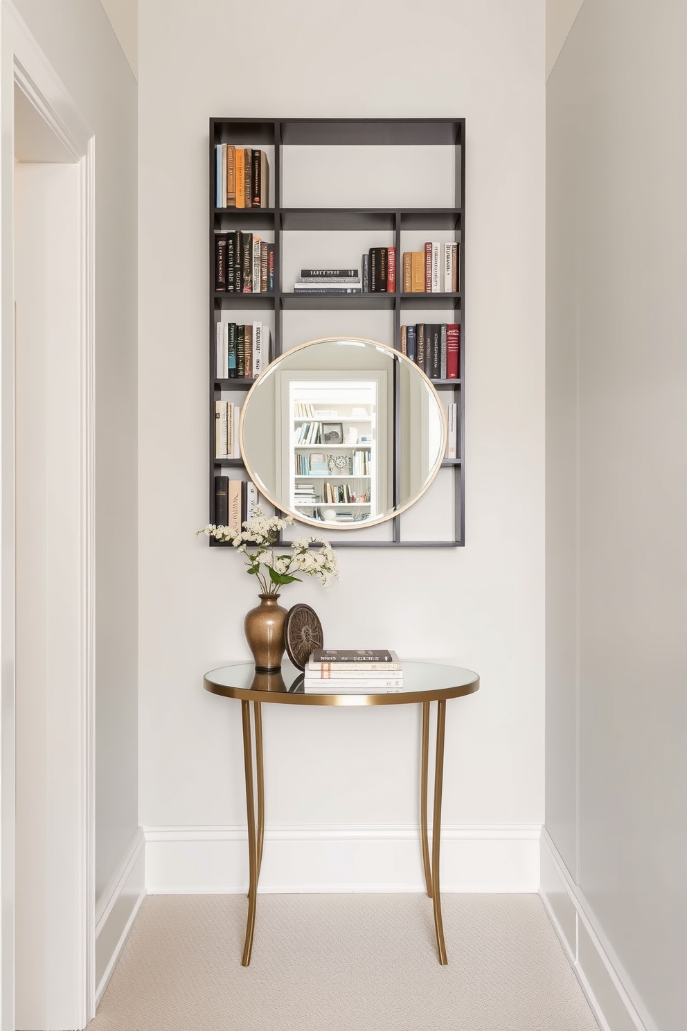 A small foyer featuring vertical shelving that elegantly displays a curated selection of books. The walls are painted in a soft neutral tone, and a stylish console table sits beneath a round mirror, enhancing the space's brightness.