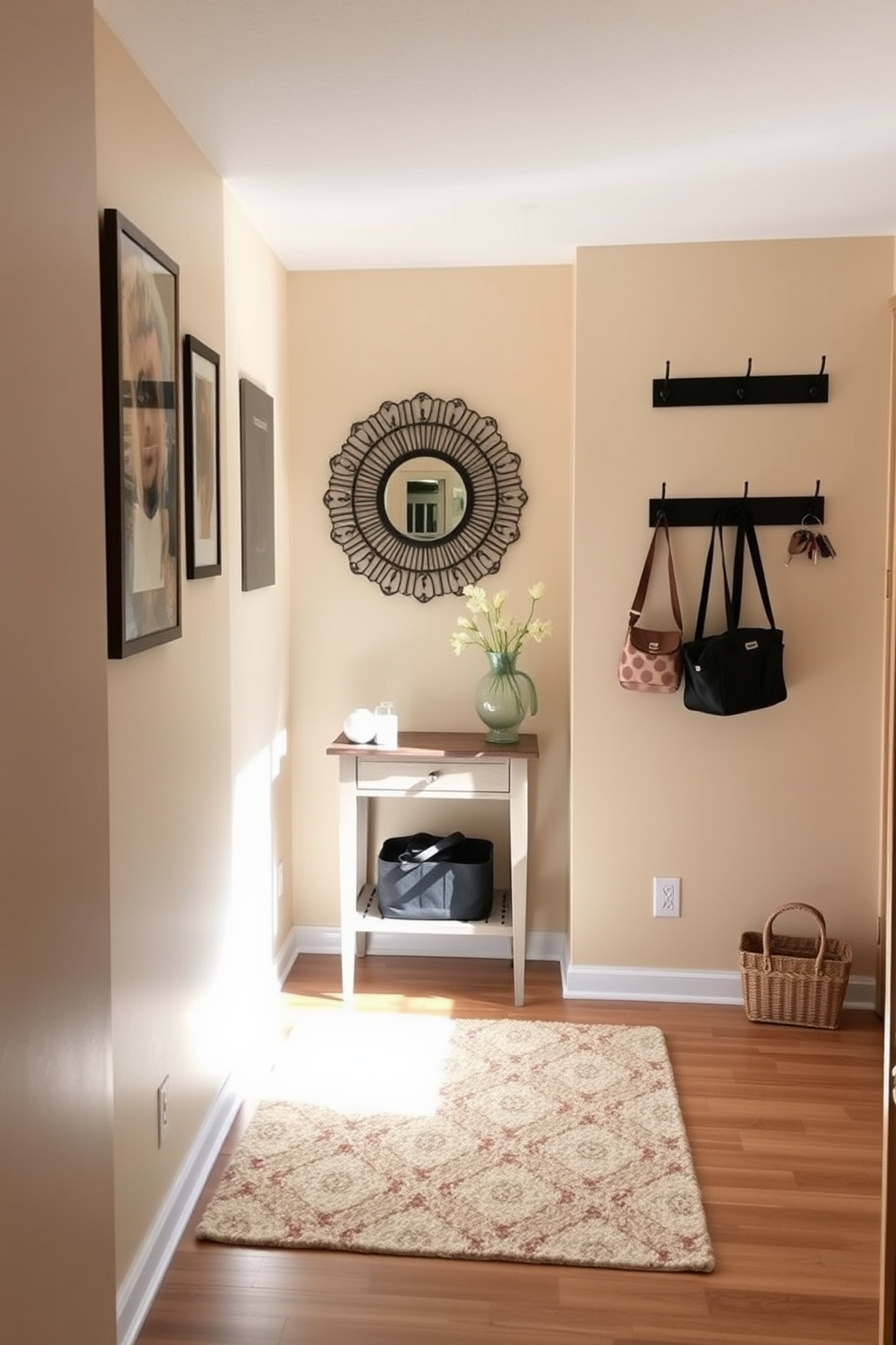 A charming foyer that welcomes guests with its warm and inviting atmosphere. The walls are painted in a soft beige, and a small console table sits against one side, adorned with a decorative mirror above it. On the opposite wall, hooks for keys and bags are mounted, providing practical storage while adding a touch of style. A cozy area rug lies beneath the console table, enhancing the space's comfort and visual appeal.