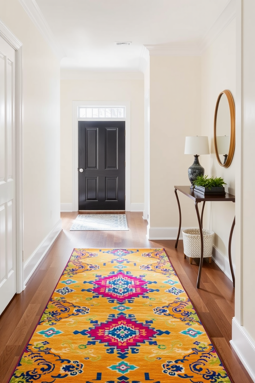 A small foyer featuring a vibrant area rug that adds warmth and color to the space. The walls are painted in a soft cream tone, and a stylish console table with decorative items sits against one wall.