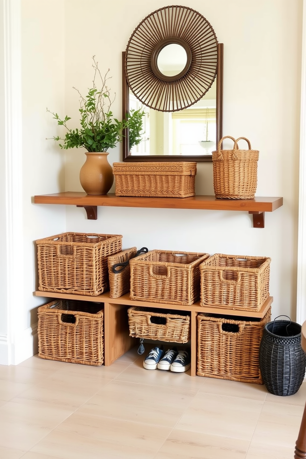 A charming foyer that utilizes woven baskets for shoe storage. The baskets are neatly arranged on a wooden shelf, adding warmth and texture to the space. The walls are painted in a soft cream color, creating a bright and inviting atmosphere. A small console table with a decorative mirror above it enhances the functionality and style of the entryway.