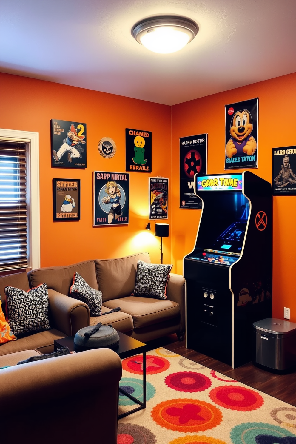 A cozy game room featuring a vintage arcade machine as the focal point. The walls are painted in a warm, inviting color, and retro posters adorn the space, creating a nostalgic atmosphere. In one corner, a plush sofa invites relaxation, complemented by a stylish coffee table. The floor is covered with a colorful area rug that adds a playful touch to the room's design.