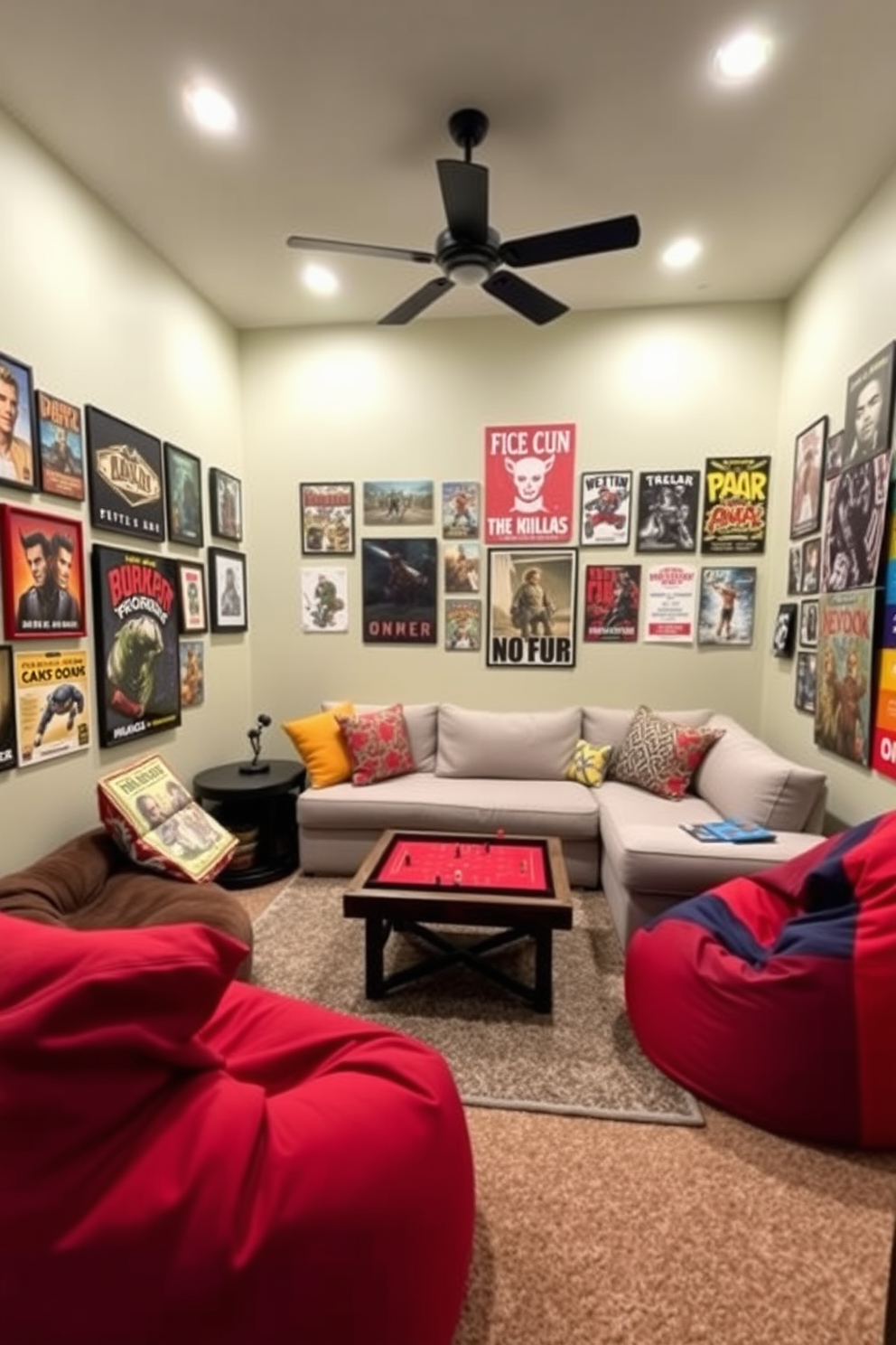 A vibrant small game room featuring a themed wall art display that reflects the owner's personality. The walls are adorned with colorful prints and framed posters, creating an energetic atmosphere that invites play and relaxation. Cozy seating arrangements include a plush sectional sofa and bean bags, providing comfort for friends and family. A multi-functional coffee table serves as both a game surface and a place for snacks and drinks, enhancing the room's inviting feel.