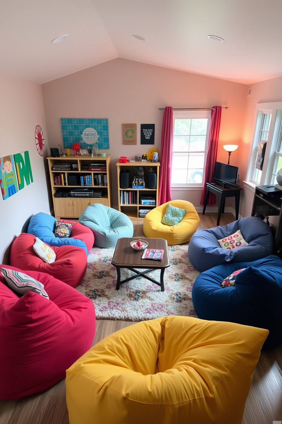 A cozy game room features colorful bean bags scattered around a low coffee table, creating a relaxed atmosphere for casual gatherings. The walls are adorned with playful artwork, and soft lighting enhances the inviting vibe of the space. In one corner, a small shelf holds board games and gaming consoles, while a plush rug anchors the seating area. Large windows allow natural light to flood in, making the room feel bright and cheerful.