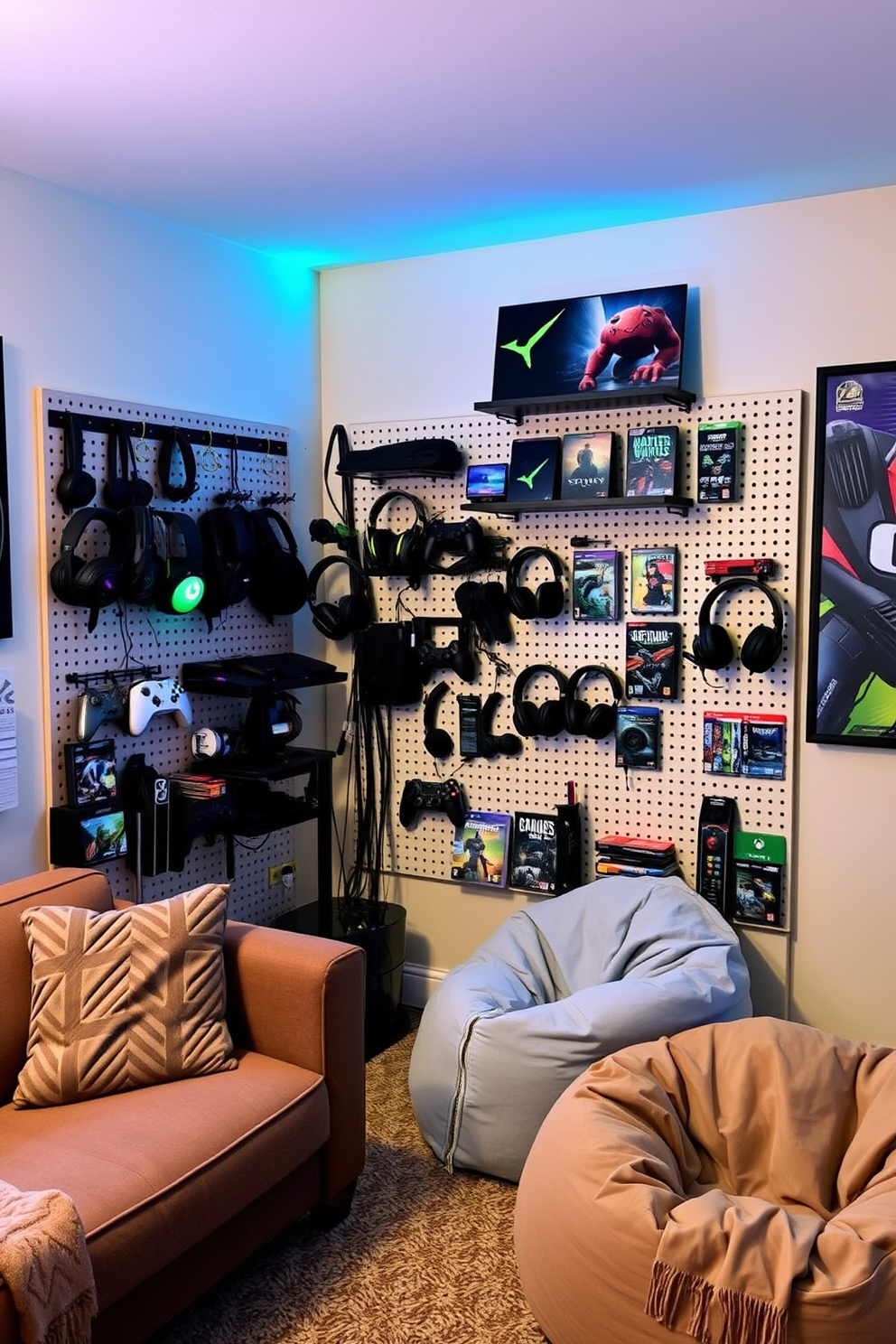 A cozy game room featuring a pegboard wall designed for organizing gaming gear. The pegboard is adorned with various hooks and shelves, displaying controllers, headsets, and games in an orderly fashion. The room is accented with comfortable seating, such as a plush sofa and bean bags for relaxation. Soft ambient lighting creates a welcoming atmosphere, complemented by vibrant wall art that reflects gaming culture.