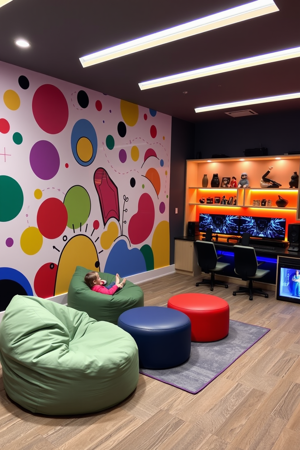 A vibrant interactive wall mural covers one side of the room, featuring abstract shapes and colors that inspire creativity and playfulness. The mural is complemented by comfortable seating options, including bean bags and modular furniture that can be easily rearranged for different activities. The game room includes a sleek gaming console setup with multiple screens and cozy lighting that enhances the fun atmosphere. A small kitchenette area with a snack bar and mini fridge is conveniently located nearby for refreshments during gaming sessions.