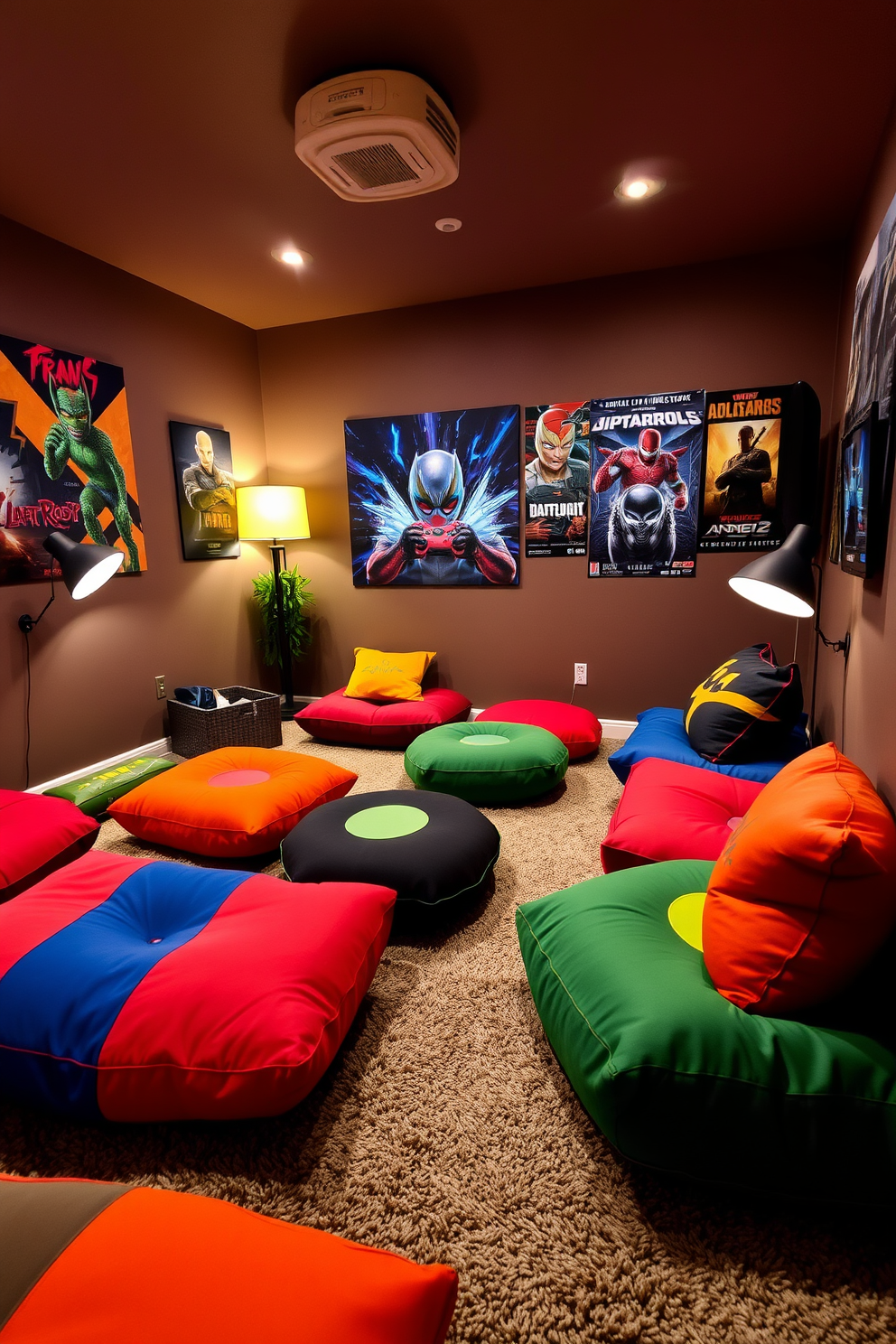 A cozy lounge area designed for gaming enthusiasts. The space features large, colorful gaming cushions scattered across a plush carpet, creating an inviting atmosphere for relaxation and play. The walls are adorned with vibrant art and posters that reflect popular gaming culture. Soft lighting from stylish floor lamps enhances the mood, making it a perfect spot for friends to gather and enjoy their favorite games.