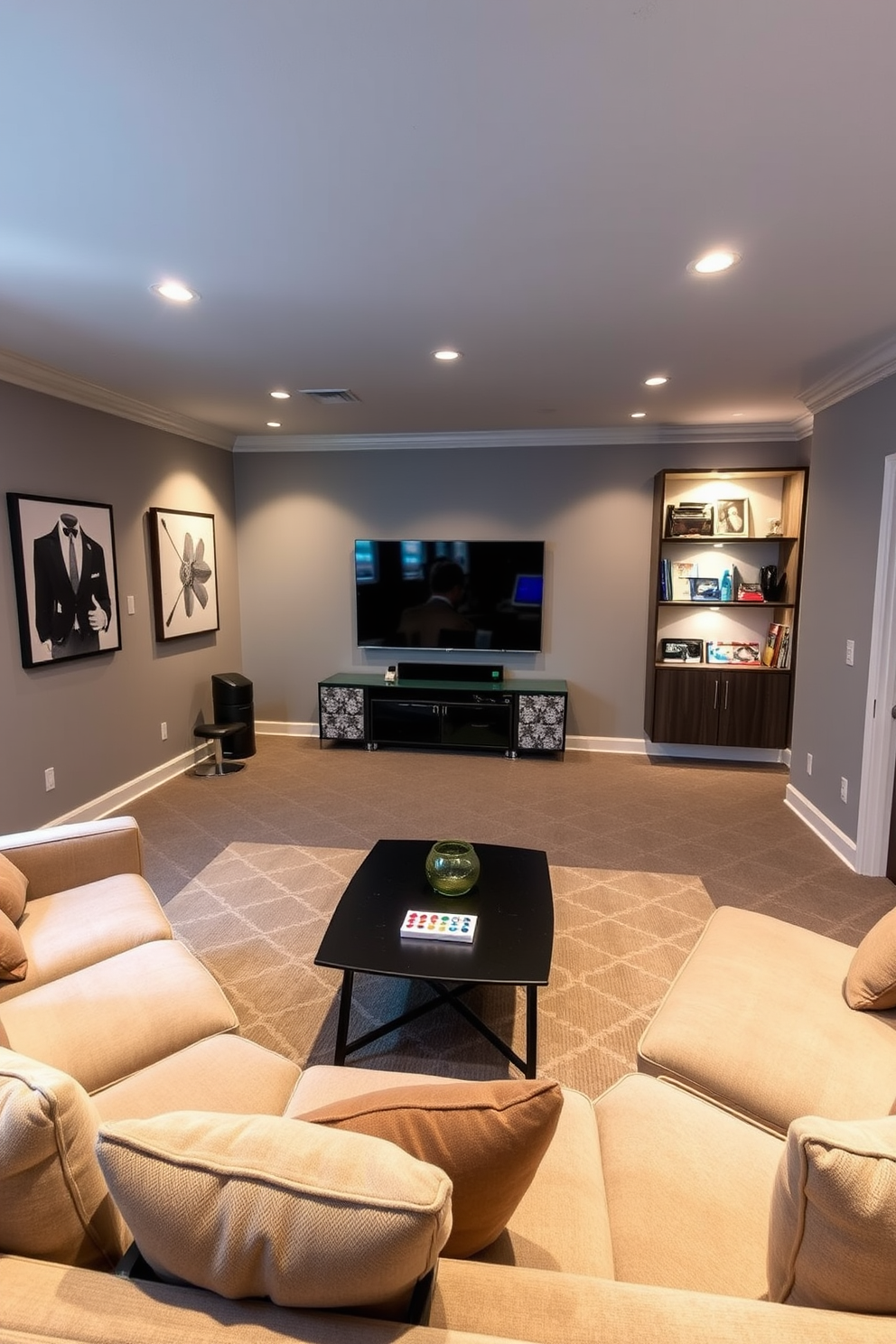 A cozy game room featuring smart lighting that adjusts to create the perfect ambiance. The walls are painted in a soft gray, with a plush sectional sofa and a sleek coffee table at the center. The room includes a pool table and a wall-mounted TV for entertainment. Accent lights highlight the artwork and shelves filled with games, creating a warm and inviting atmosphere.