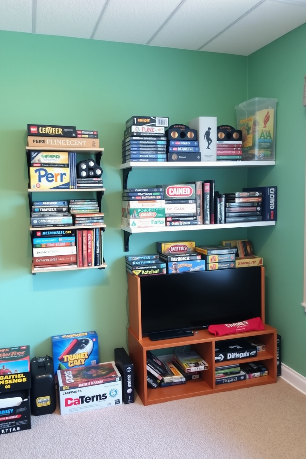 A cozy game room featuring wall-mounted shelves for game storage. The shelves are filled with neatly organized board games and gaming accessories, creating a vibrant and inviting atmosphere.