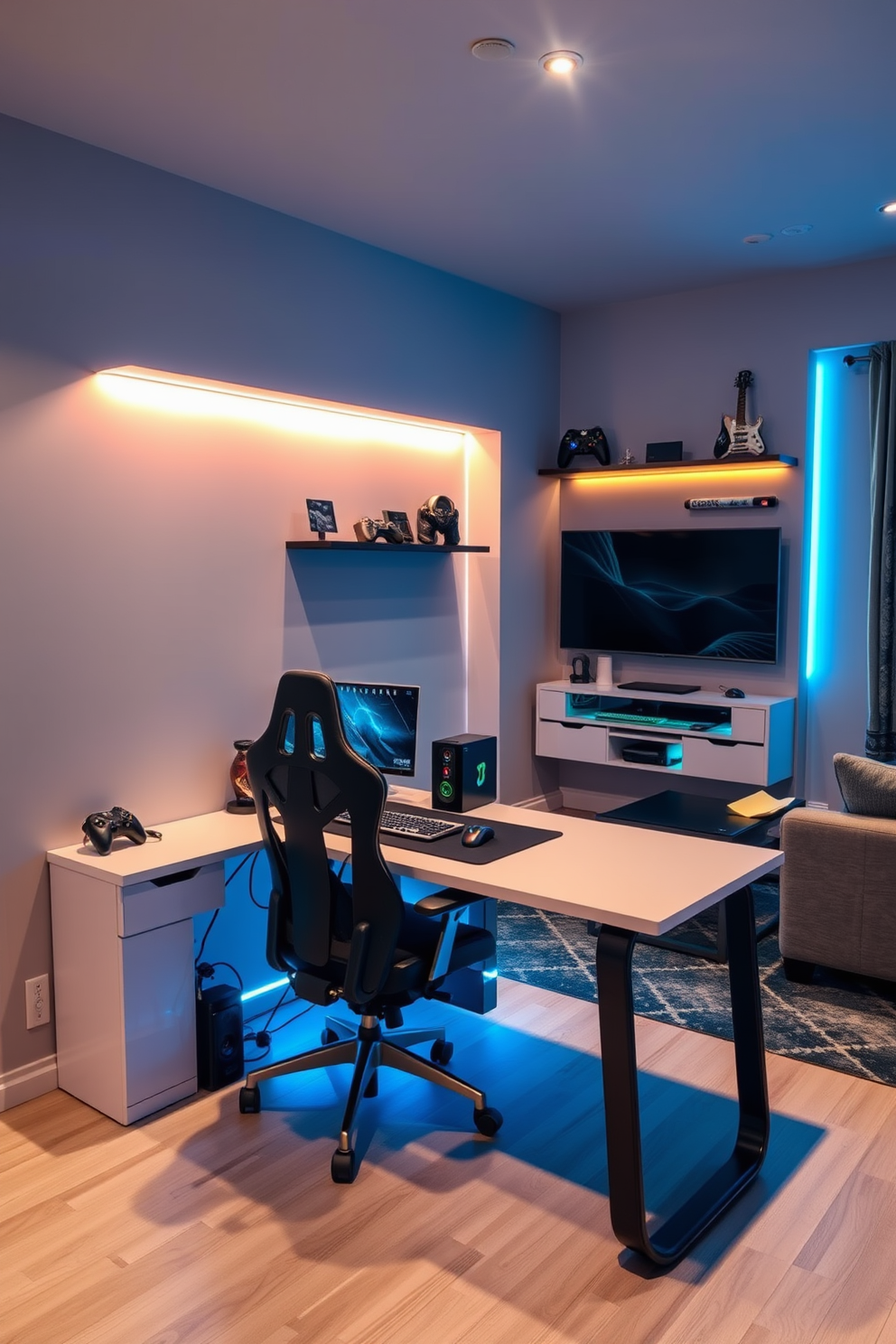 A compact desk designed for a PC gaming setup features a sleek surface with cable management solutions. The desk is accompanied by an ergonomic gaming chair, and the walls are adorned with ambient LED lighting to enhance the gaming atmosphere. The small game room incorporates a cozy seating area with a plush sofa and a coffee table. Wall-mounted shelves display gaming memorabilia, while a large screen is positioned for optimal viewing, creating an inviting space for gaming sessions.