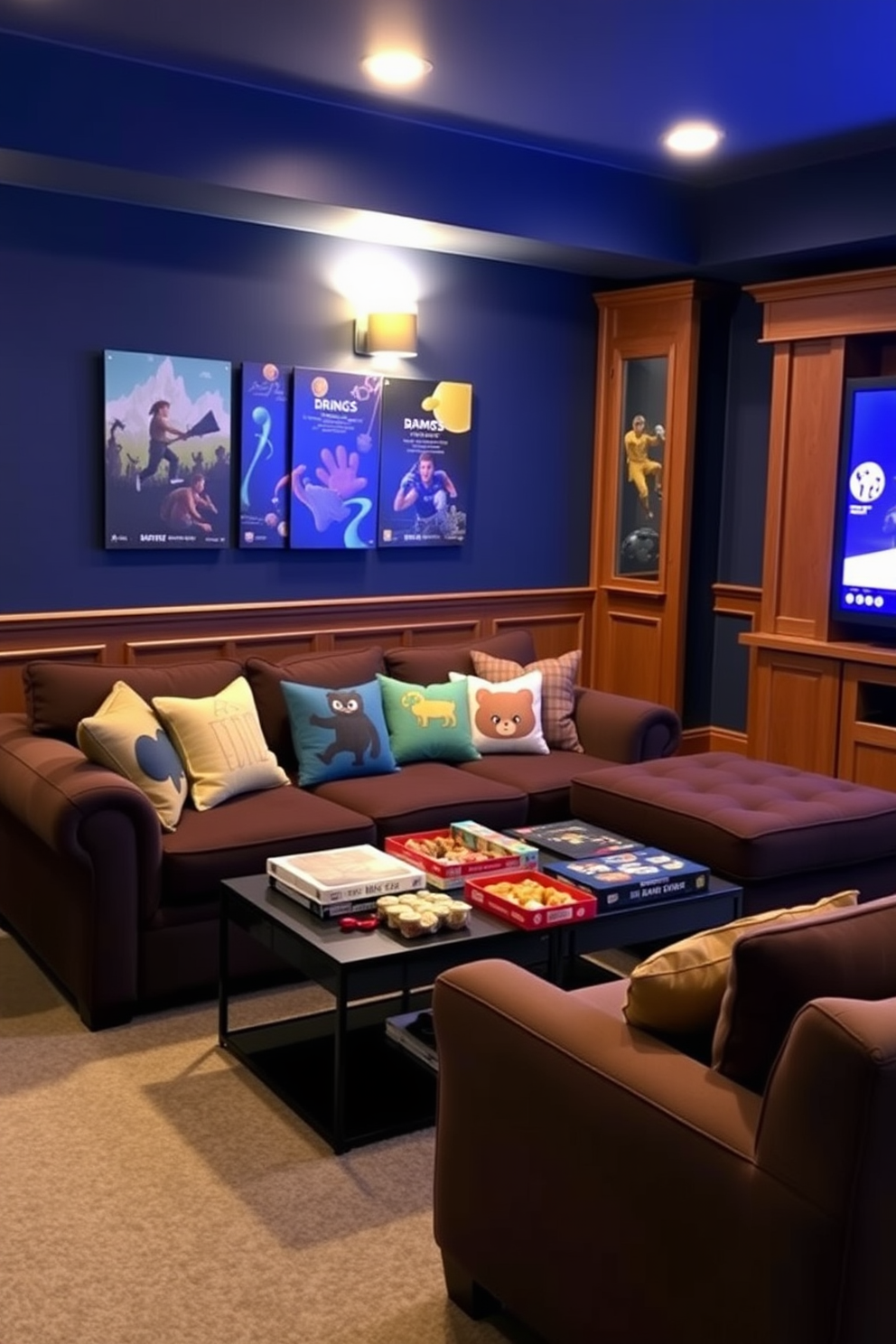 A cozy game room featuring a plush sofa adorned with colorful game-themed throw pillows that add a playful touch. The walls are painted in a deep navy blue, complemented by warm wood accents and ambient lighting for a welcoming atmosphere. In one corner, a stylish coffee table holds a selection of board games and snacks, inviting friends to gather and enjoy. The flooring is a soft gray carpet, providing comfort and warmth underfoot, while a large wall-mounted screen showcases the latest gaming setup.