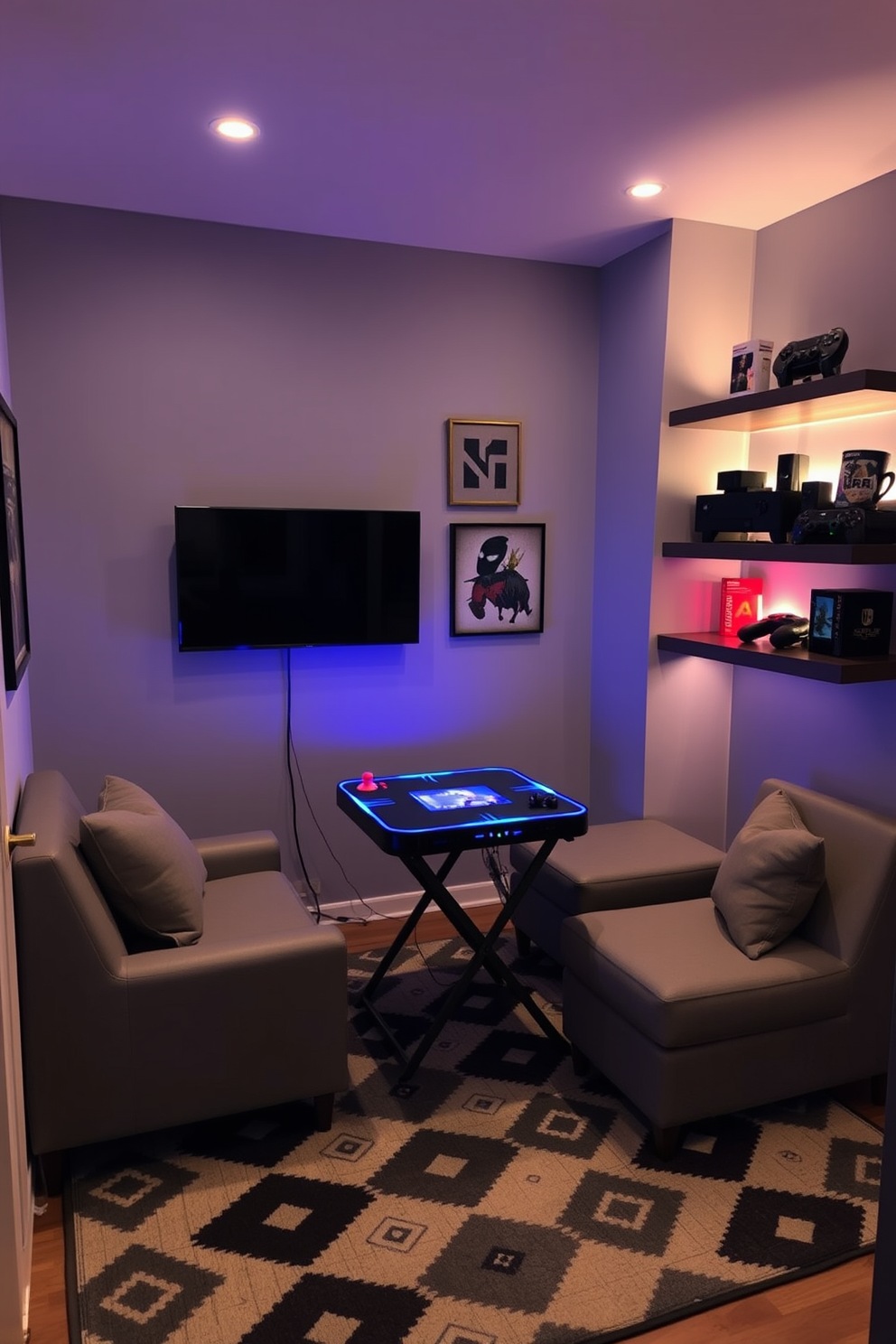 A cozy game room featuring a portable game console setup. The room includes a compact gaming table with comfortable seating and ambient lighting to create a relaxed atmosphere. The walls are painted in a soft gray tone, enhancing the modern aesthetic. A stylish rug anchors the space, while shelves display gaming accessories and collectibles for added character.