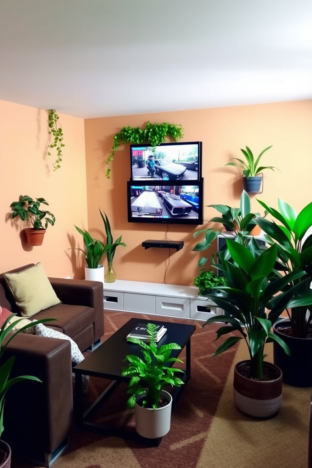 A cozy game room filled with decorative plants that bring fresh vibes. The space features a comfortable sectional sofa, a sleek coffee table, and a wall-mounted game console for entertainment. Lush green plants are placed in stylish pots around the room, enhancing the atmosphere. The walls are painted in a warm, inviting color, and soft lighting creates a relaxed ambiance.