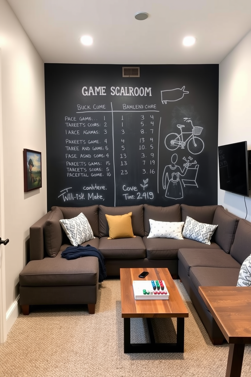 A cozy small game room features a chalkboard wall dedicated to tracking game scores. The room is furnished with a comfortable sectional sofa and a coffee table, creating an inviting atmosphere for friends and family to gather.