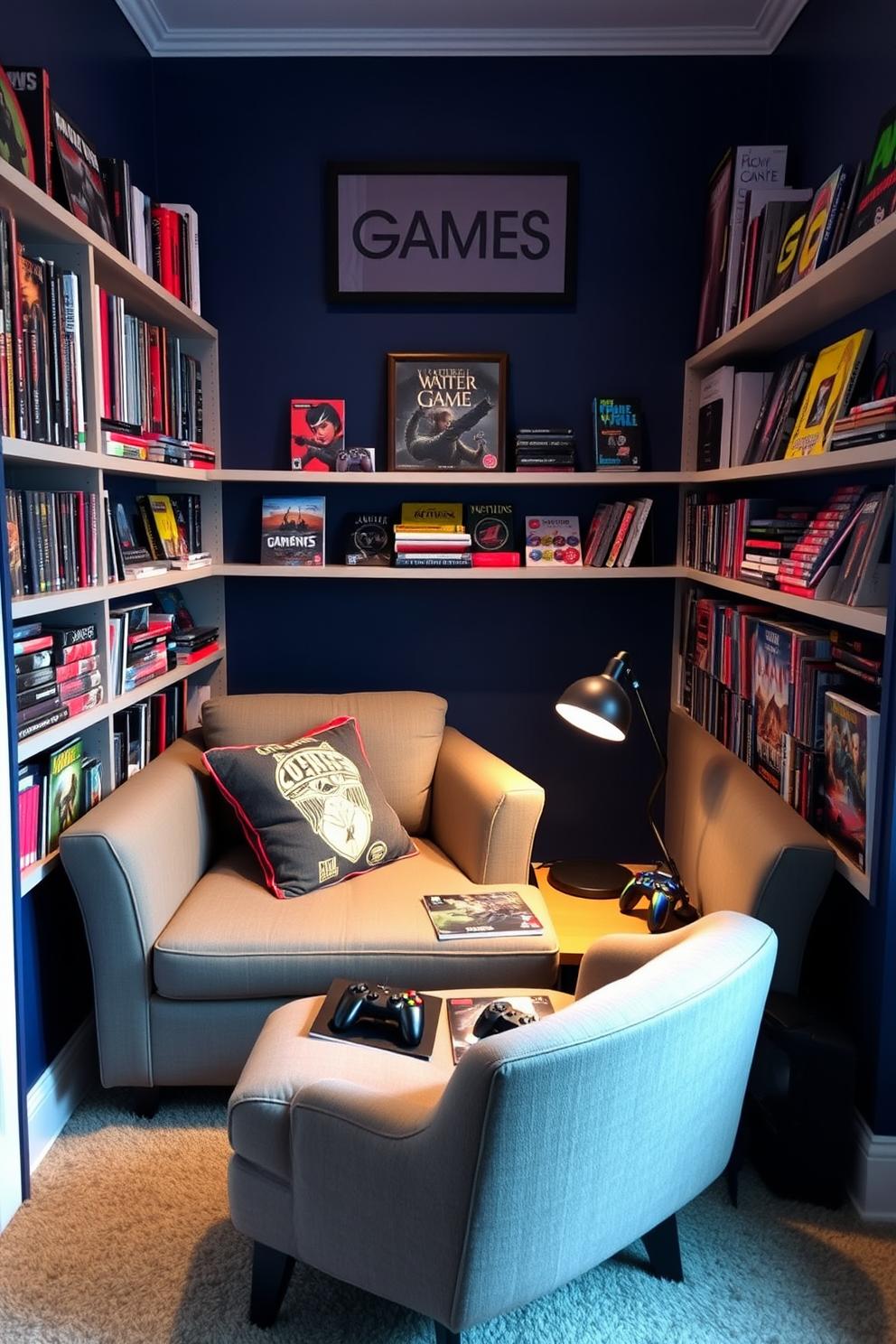 A cozy nook designed for gaming enthusiasts. It features a comfortable armchair surrounded by shelves filled with gaming books and magazines, creating an inviting reading corner. The walls are painted in a deep blue hue, enhancing the room's playful atmosphere. A small coffee table sits in front of the armchair, adorned with gaming accessories and a stylish lamp for ambient lighting.