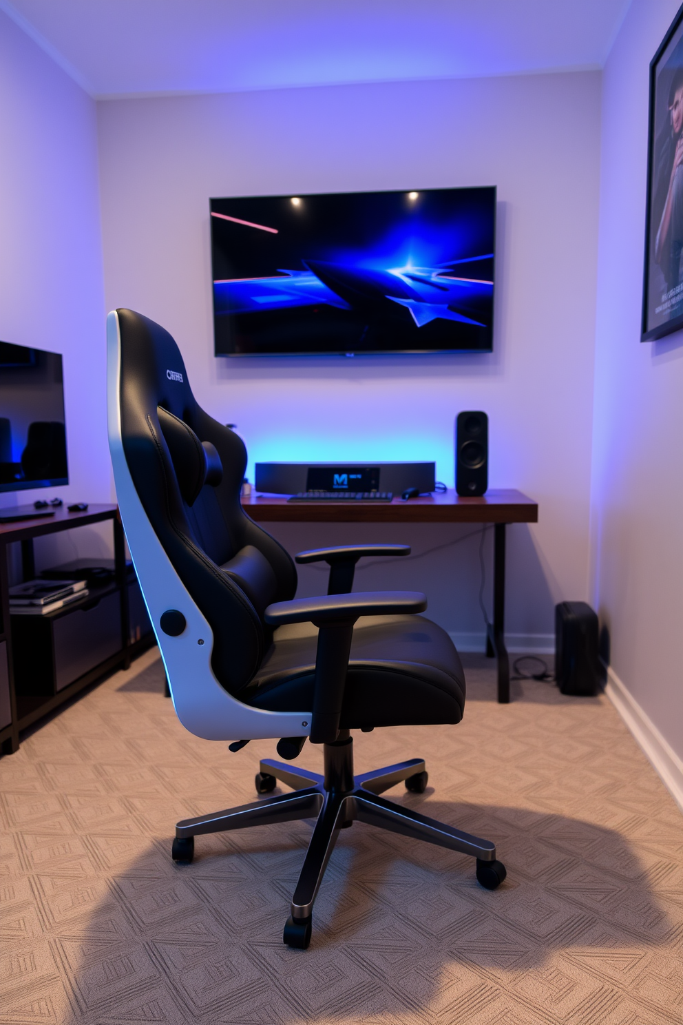 A sleek gaming chair designed for optimal comfort is positioned in a compact game room. The room features a minimalist setup with a wall-mounted TV, ambient lighting, and a small gaming desk that complements the chair's modern aesthetics.