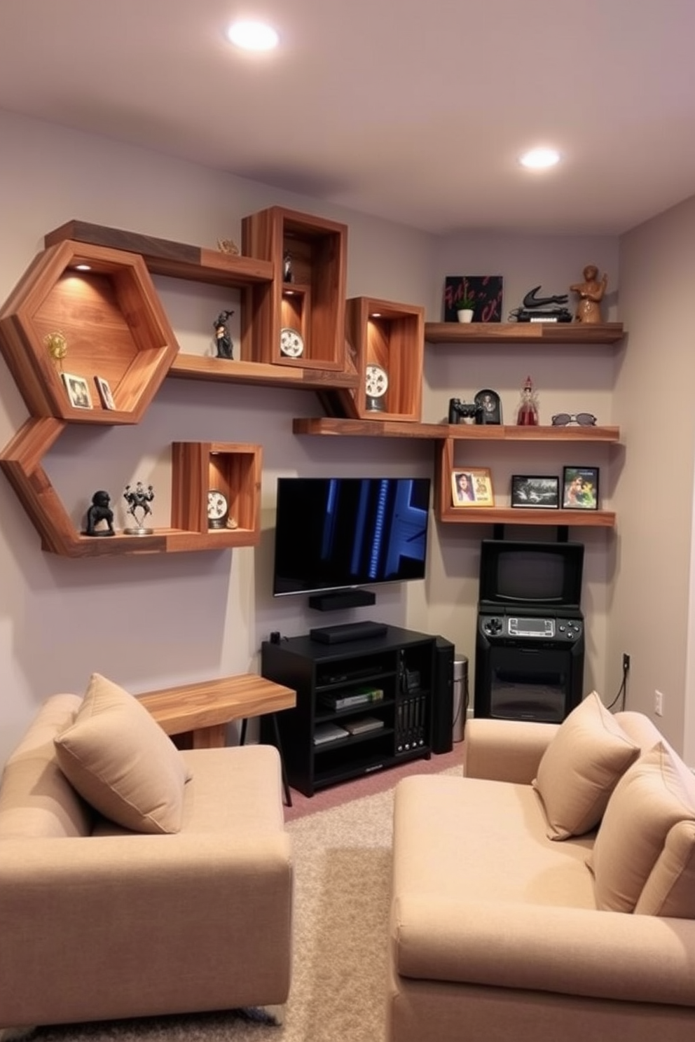 Artistic shelves for collectibles display. The shelves are made of reclaimed wood, featuring unique geometric shapes and varying heights to create visual interest. Small game room design ideas. The space is designed with a cozy atmosphere, featuring a plush sectional sofa, a stylish coffee table, and a wall-mounted game console for entertainment.