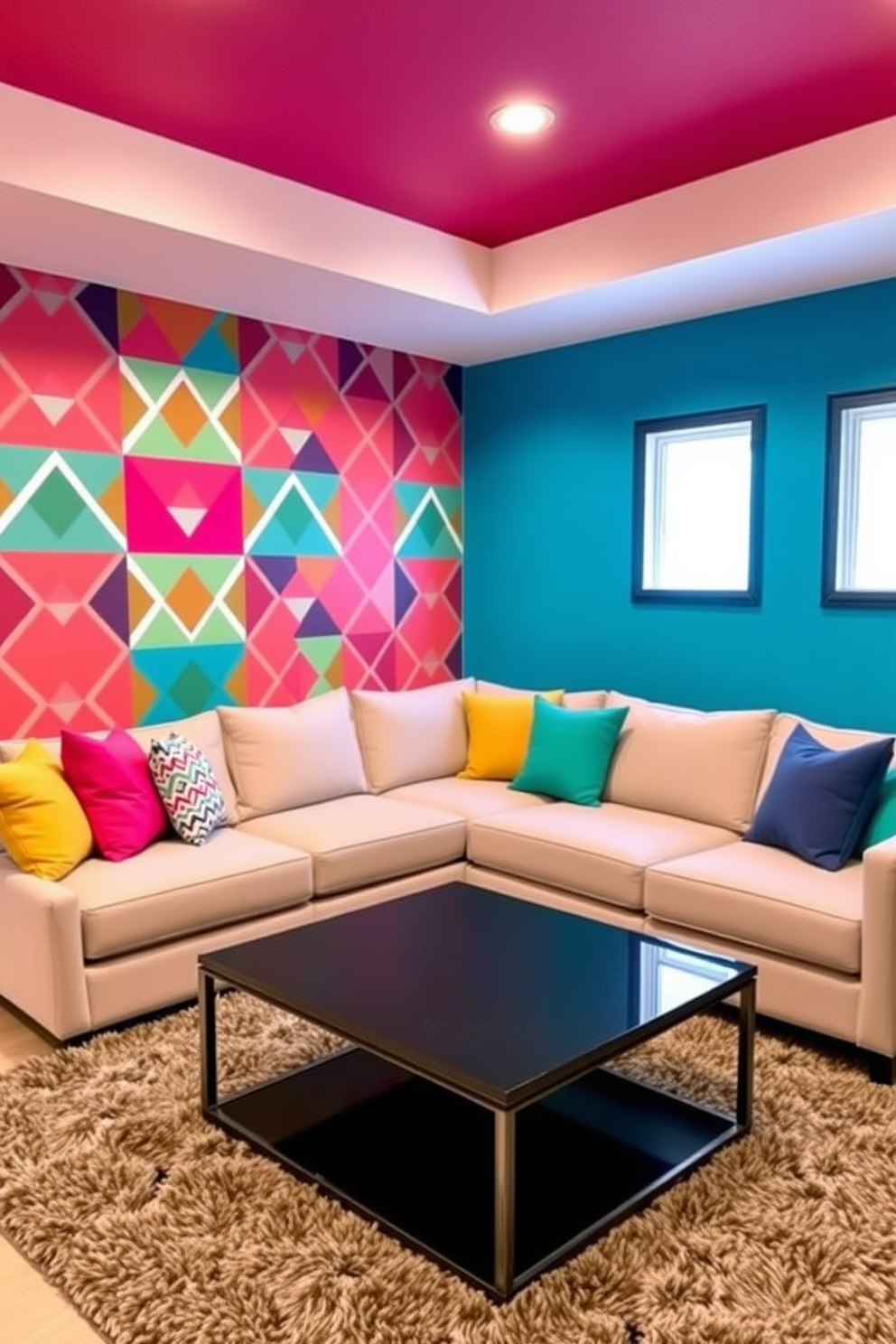 A bright accent wall in a small game room adds a pop of color and creates a lively atmosphere. The wall features a bold geometric pattern in vibrant hues, serving as a focal point for the space. The room includes a cozy sectional sofa in a neutral tone, paired with colorful throw pillows that complement the accent wall. A sleek coffee table sits in the center, surrounded by a plush area rug that enhances comfort and style.