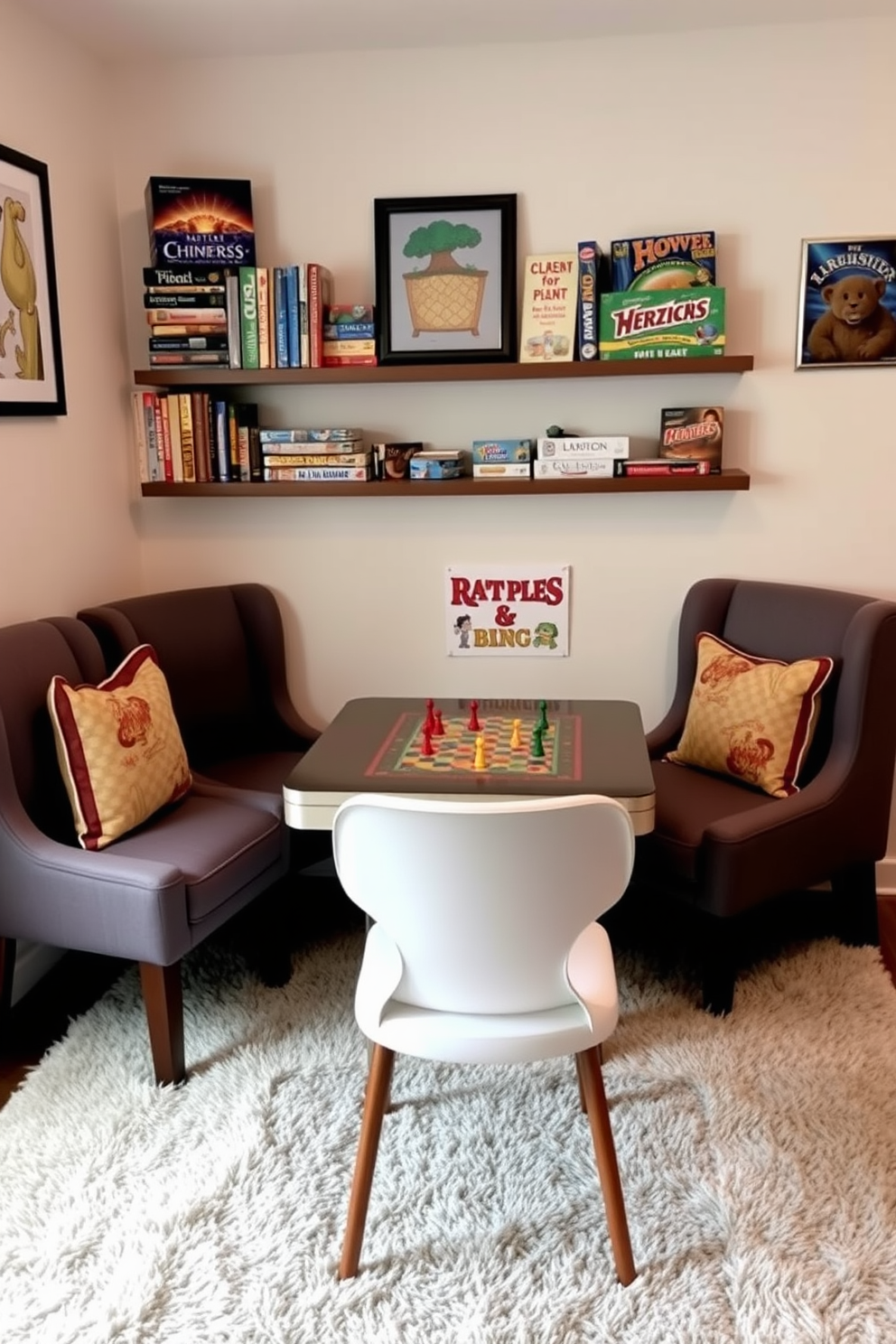 A compact table designed for board games sits at the center of a cozy game room. Surrounding the table are comfortable chairs that invite friends and family to gather and enjoy game nights together. The walls are adorned with playful artwork and shelves filled with board games and puzzles. Soft lighting creates a warm atmosphere, while a plush rug underfoot adds comfort to the space.