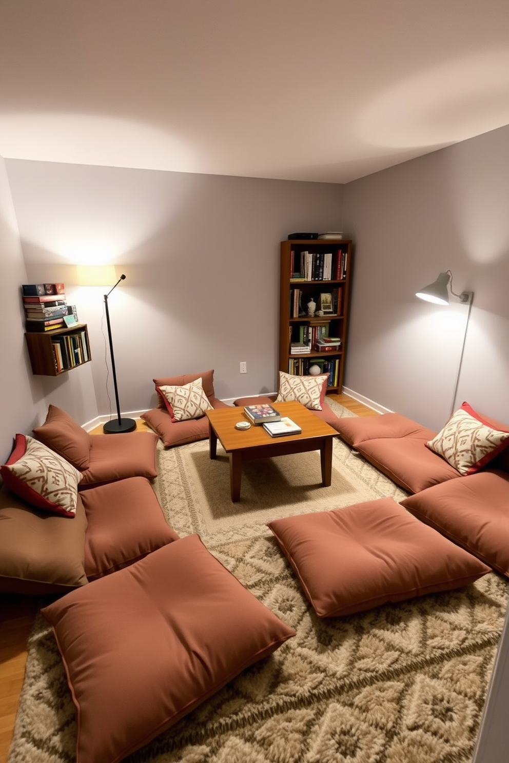 A cozy game room featuring floor cushions arranged around a low wooden table. The walls are painted in a soft gray, and the floor is covered with a plush area rug that adds warmth to the space. In one corner, a small bookshelf displays an array of board games and books. Soft lighting from a stylish floor lamp creates an inviting atmosphere for relaxation and fun.