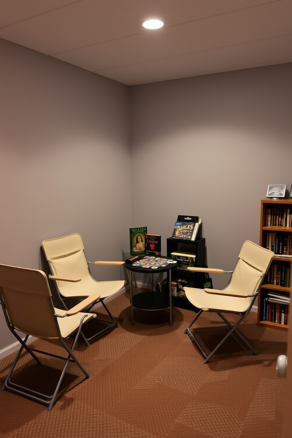 A cozy game room featuring foldable chairs for easy seating. The walls are painted in a soft gray, and a small table is set in the center for board games and snacks. To the side, a compact bookshelf holds a variety of games and books. Ambient lighting creates a warm atmosphere, making it an inviting space for friends and family.