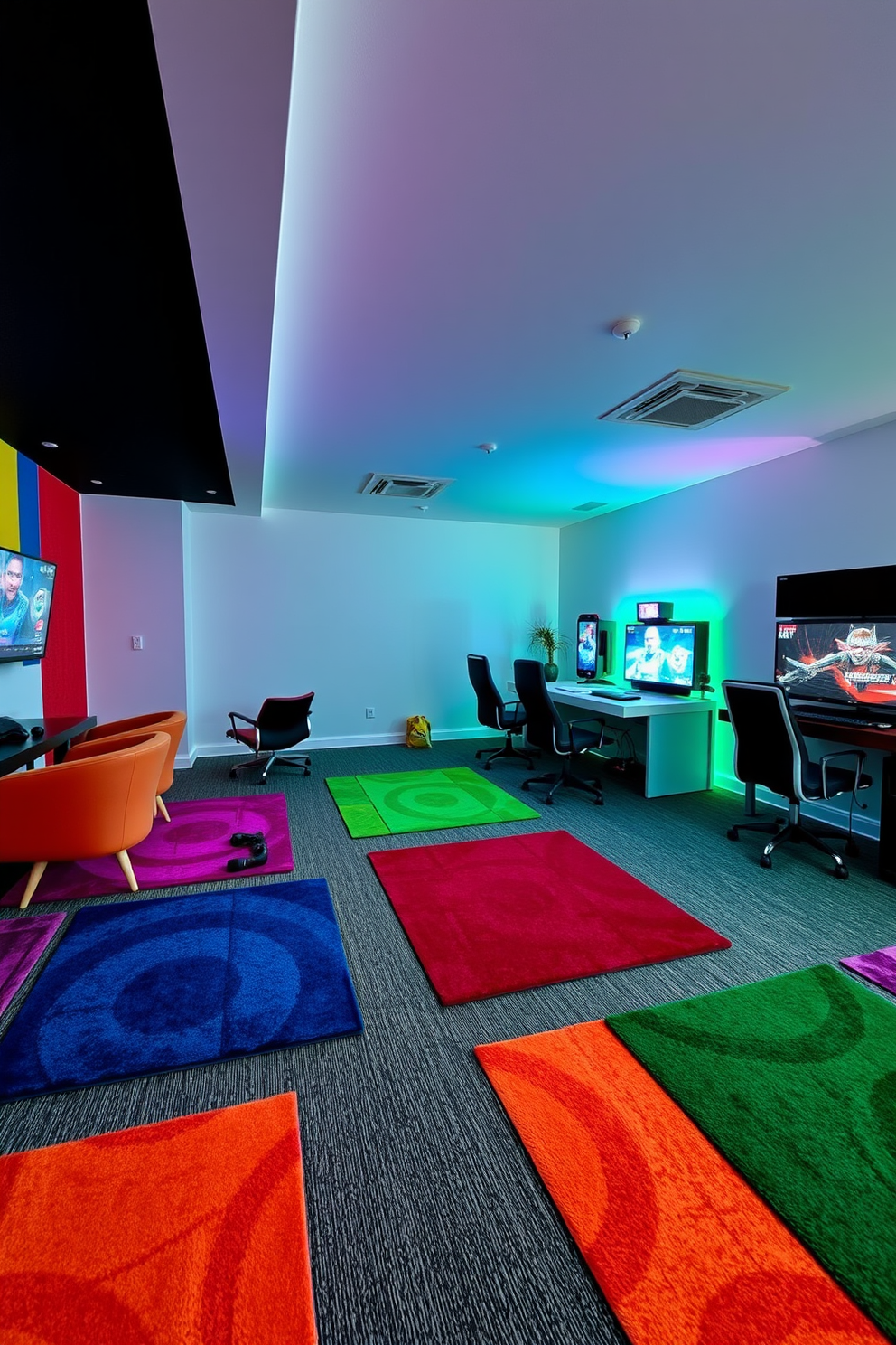 A vibrant gaming area featuring colorful rugs that delineate the space. The room is designed with comfortable seating and modern gaming consoles, creating an inviting atmosphere for entertainment.