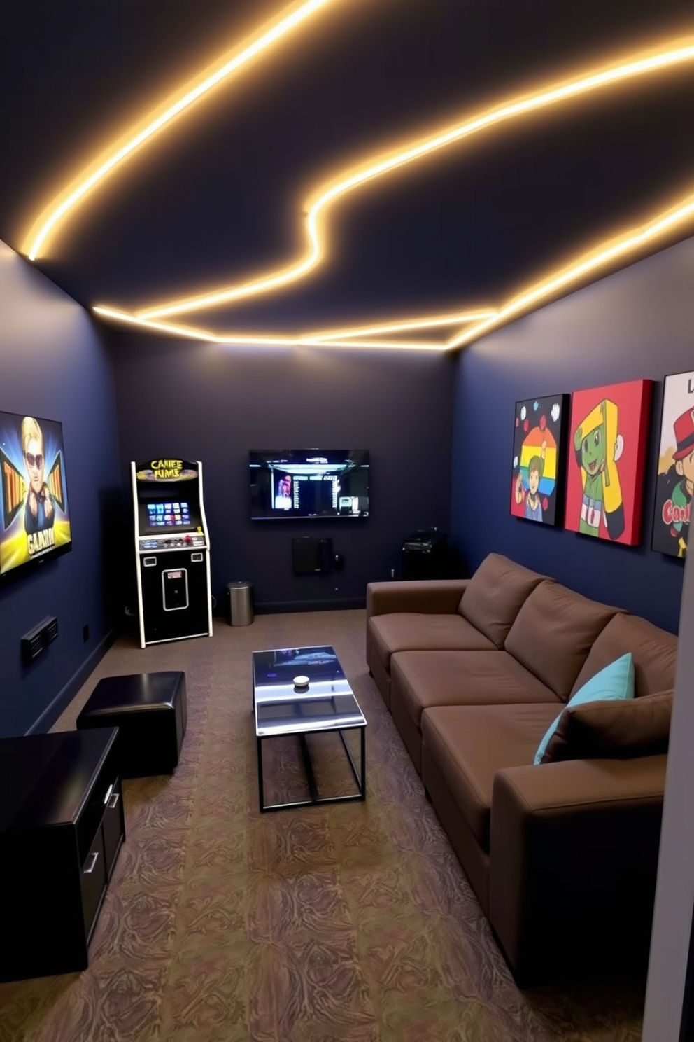 A cozy game room with ambient lighting strips along the ceiling creating a warm glow. The space features a comfortable sectional sofa, a sleek coffee table, and a wall-mounted TV for entertainment. In one corner, a fun arcade machine adds a playful touch to the room. The walls are painted in a deep navy blue, and colorful artwork enhances the vibrant atmosphere.