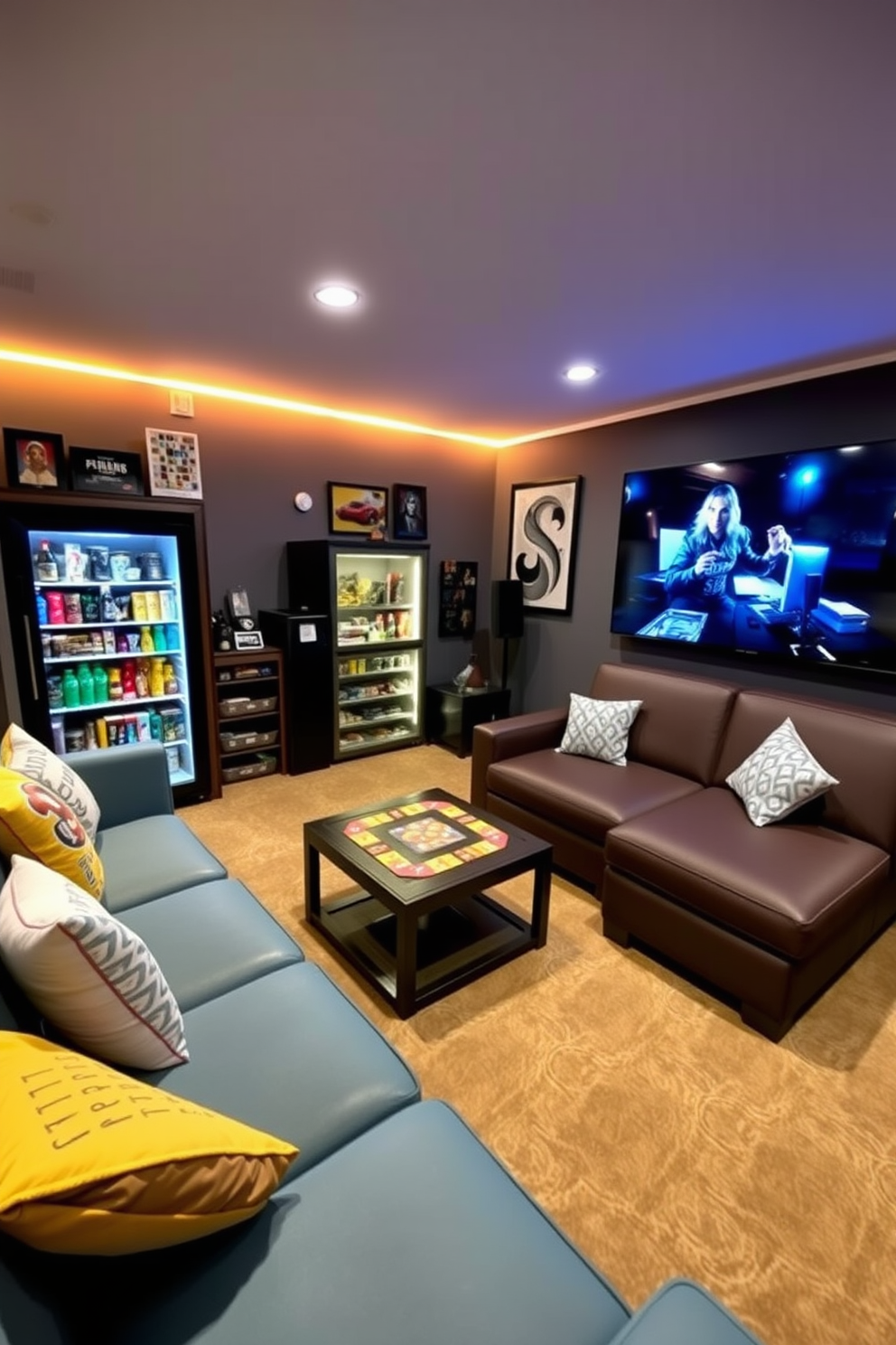 A cozy game room featuring a mini fridge stocked with snacks and drinks. The space includes a comfortable sectional sofa, a coffee table with board games, and a large screen for gaming or movie nights.