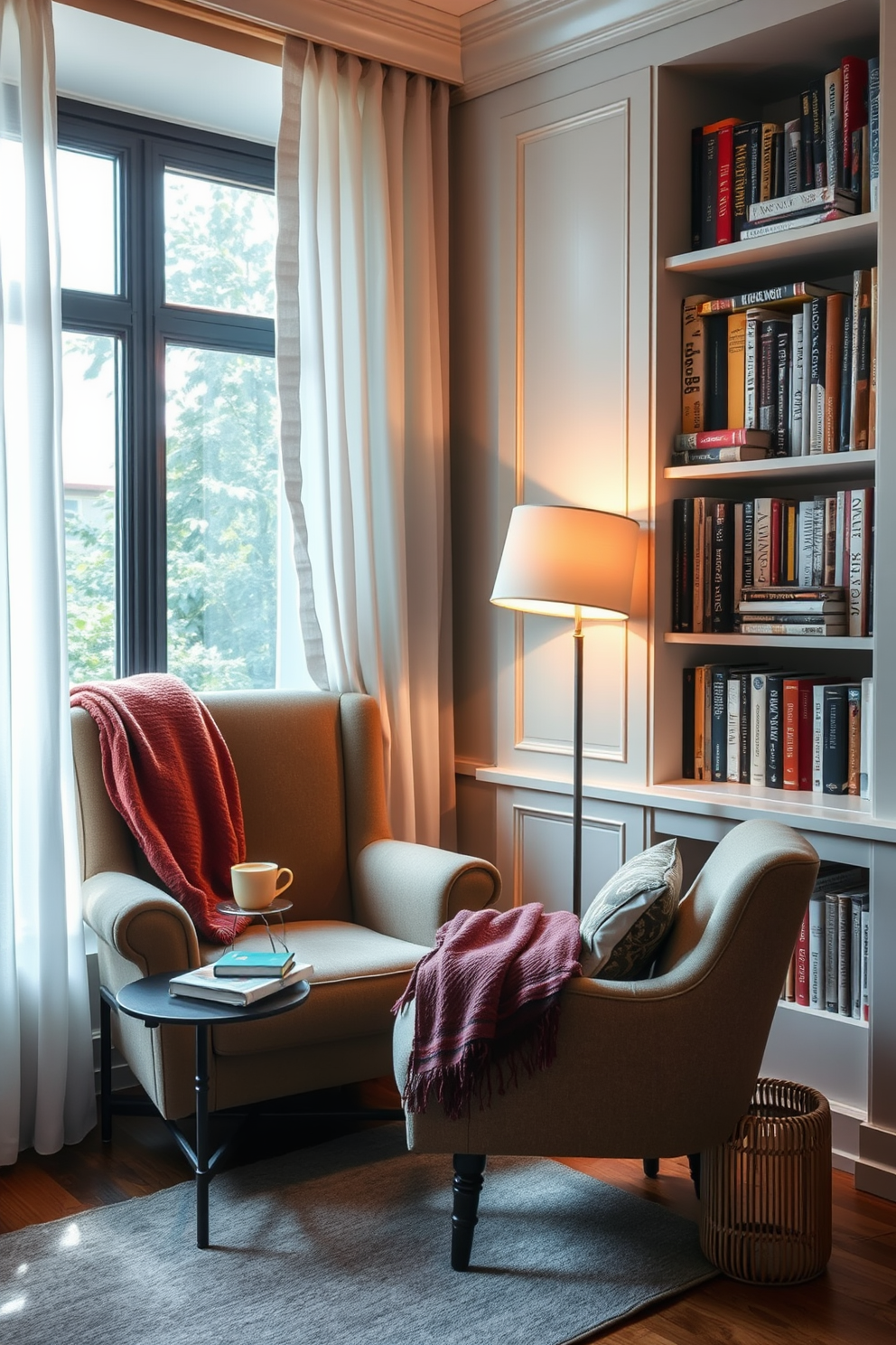 A cozy reading nook by the window features a plush armchair upholstered in soft fabric with a warm throw blanket draped over one side. A small side table holds a steaming cup of tea and a stack of well-loved books, while natural light streams in through sheer curtains. The small home library design includes built-in bookshelves that reach the ceiling, filled with an eclectic mix of books and decorative items. A comfortable reading chair sits in the corner, accompanied by a floor lamp that provides warm illumination for late-night reading sessions.