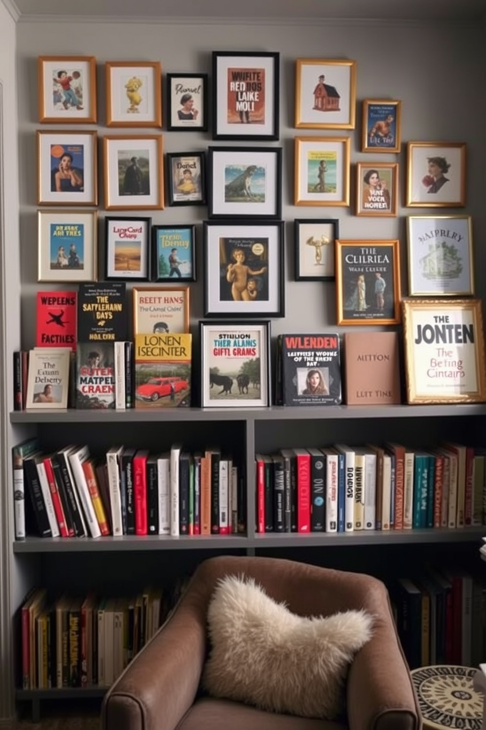 A cozy small home library features a gallery wall adorned with framed book covers in various sizes and colors. The shelves are filled with books, and a comfortable reading nook with a plush armchair sits beneath the wall, inviting relaxation and exploration.