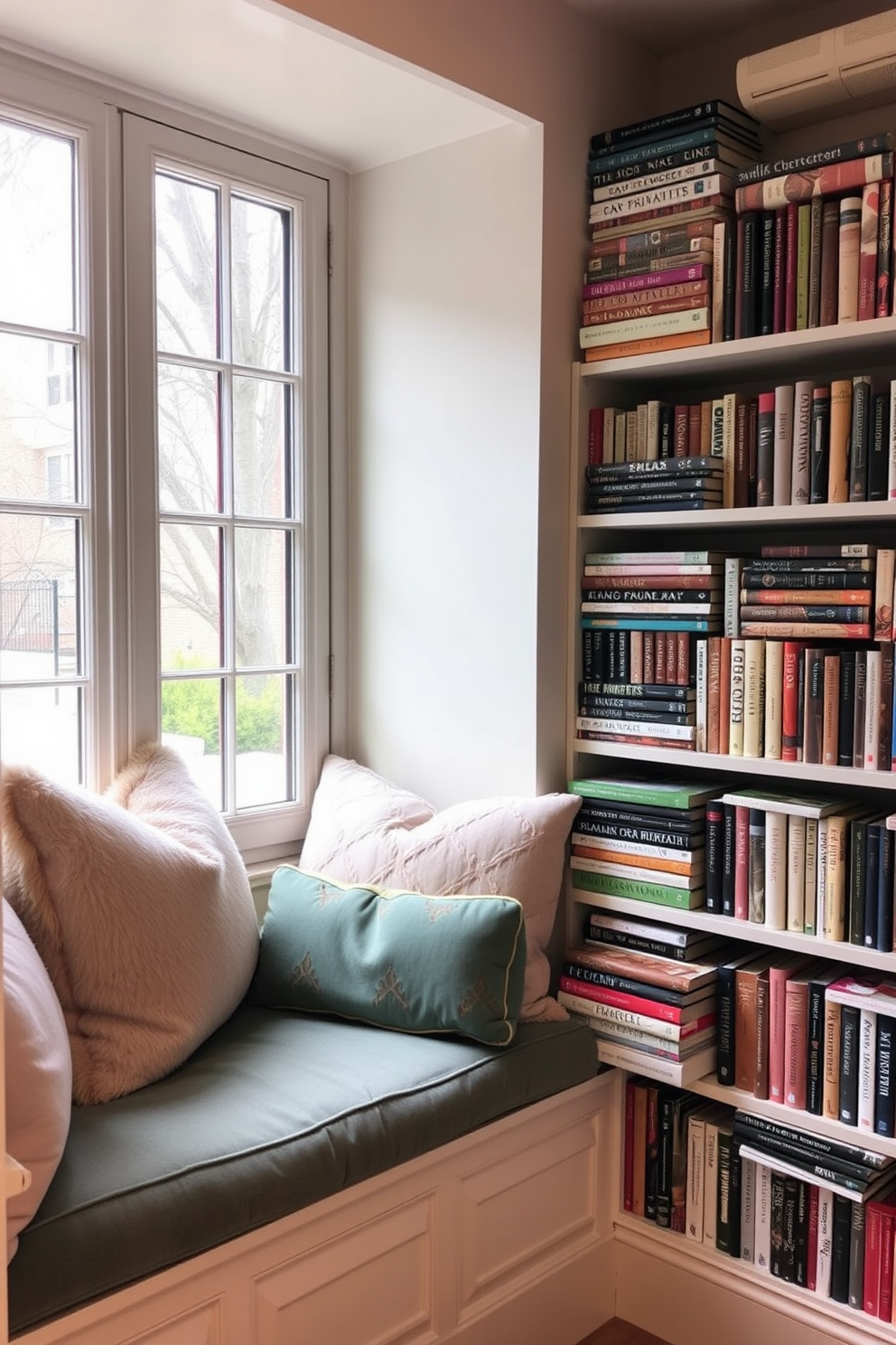 A cozy window seat is adorned with plush cushions in soft hues, inviting relaxation and reading. Stacked neatly beside the seat are shelves filled with an array of books, creating a warm and inviting small home library atmosphere.