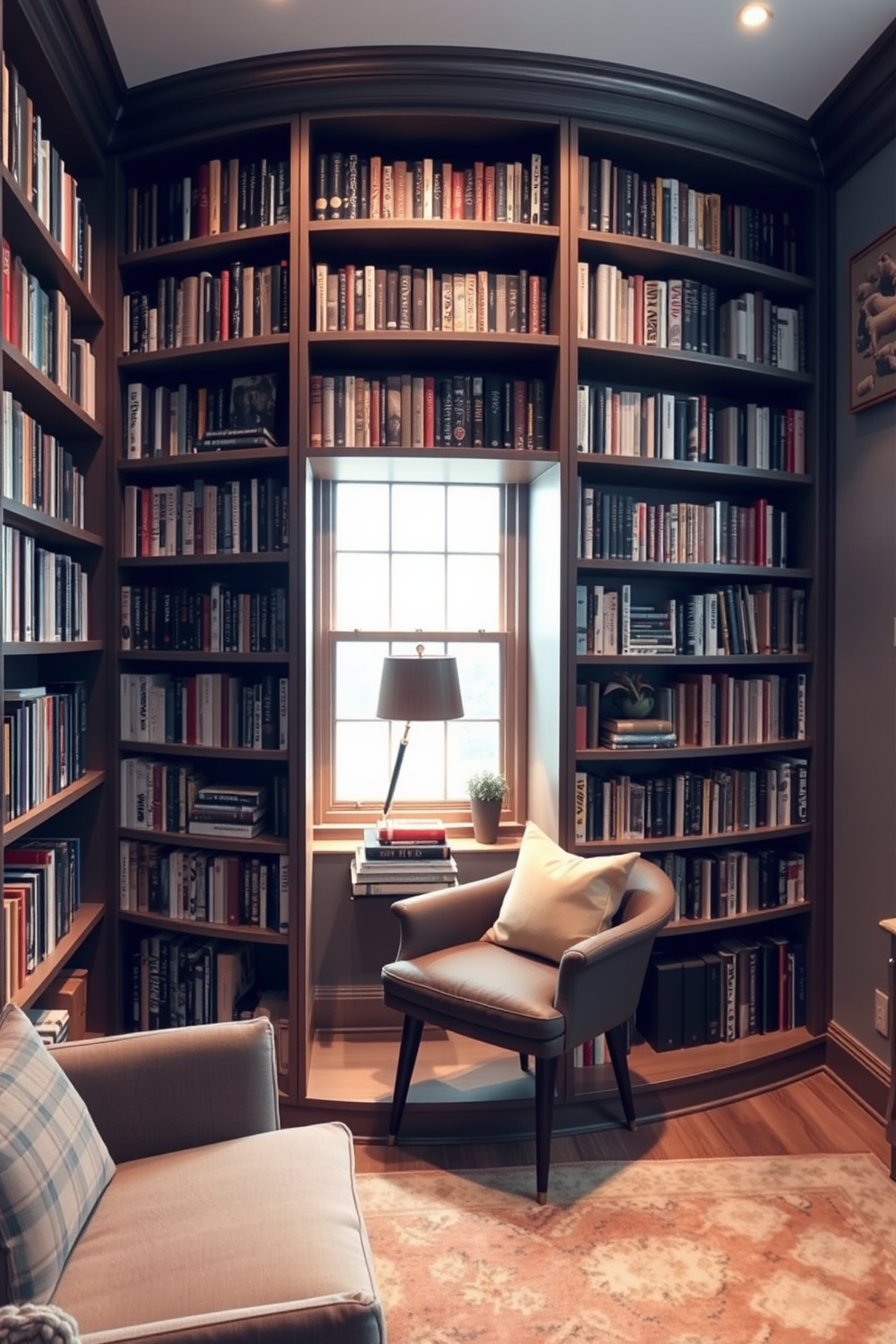 A cozy small home library features a rotating bookcase that allows for easy access to books from multiple angles. The space is adorned with soft lighting, comfortable seating, and a warm color palette to create an inviting reading atmosphere.