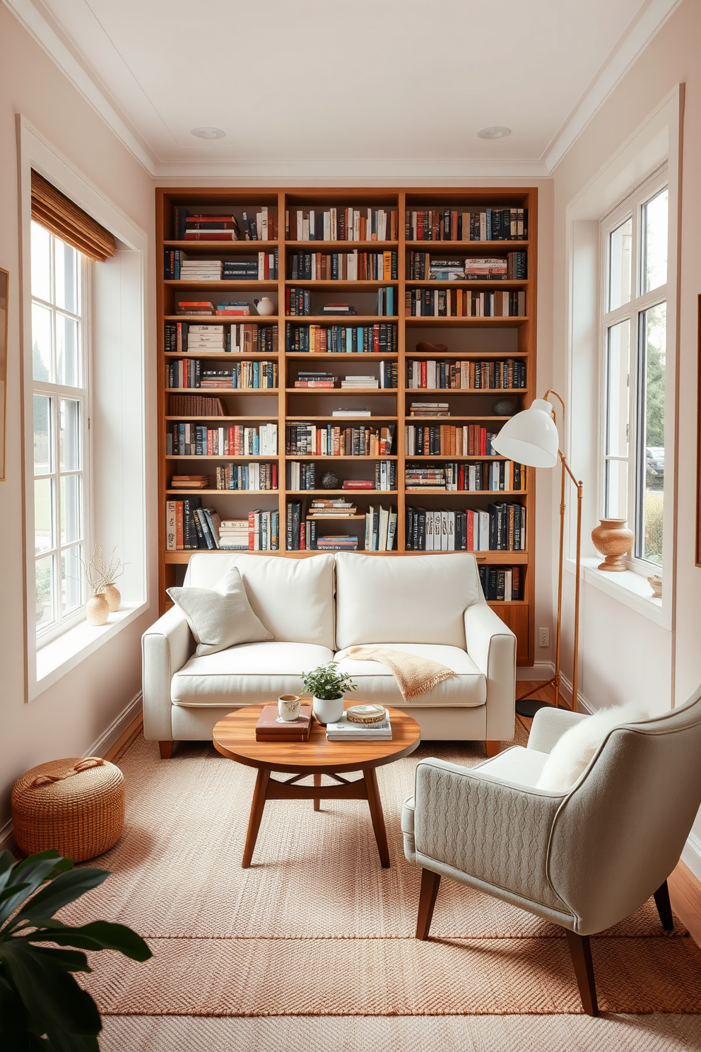 A cozy small home library featuring neutral tones to create a calming atmosphere. Soft beige walls complement a plush cream-colored sofa positioned against a bookshelf filled with various books. A warm wooden coffee table sits in front of the sofa, adorned with a few decorative items and a small potted plant. Natural light filters in through a large window, highlighting a comfortable reading nook with a cozy armchair and a floor lamp.