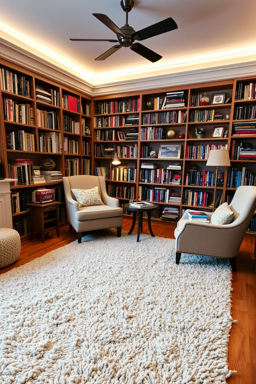 A cozy home library filled with warm, inviting textures. Plush, textured rugs cover the hardwood floor, creating a comfortable space for reading and relaxation. Bookshelves line the walls, filled with an eclectic mix of books and decorative items. A comfortable armchair sits in the corner, accompanied by a small side table for drinks and snacks.