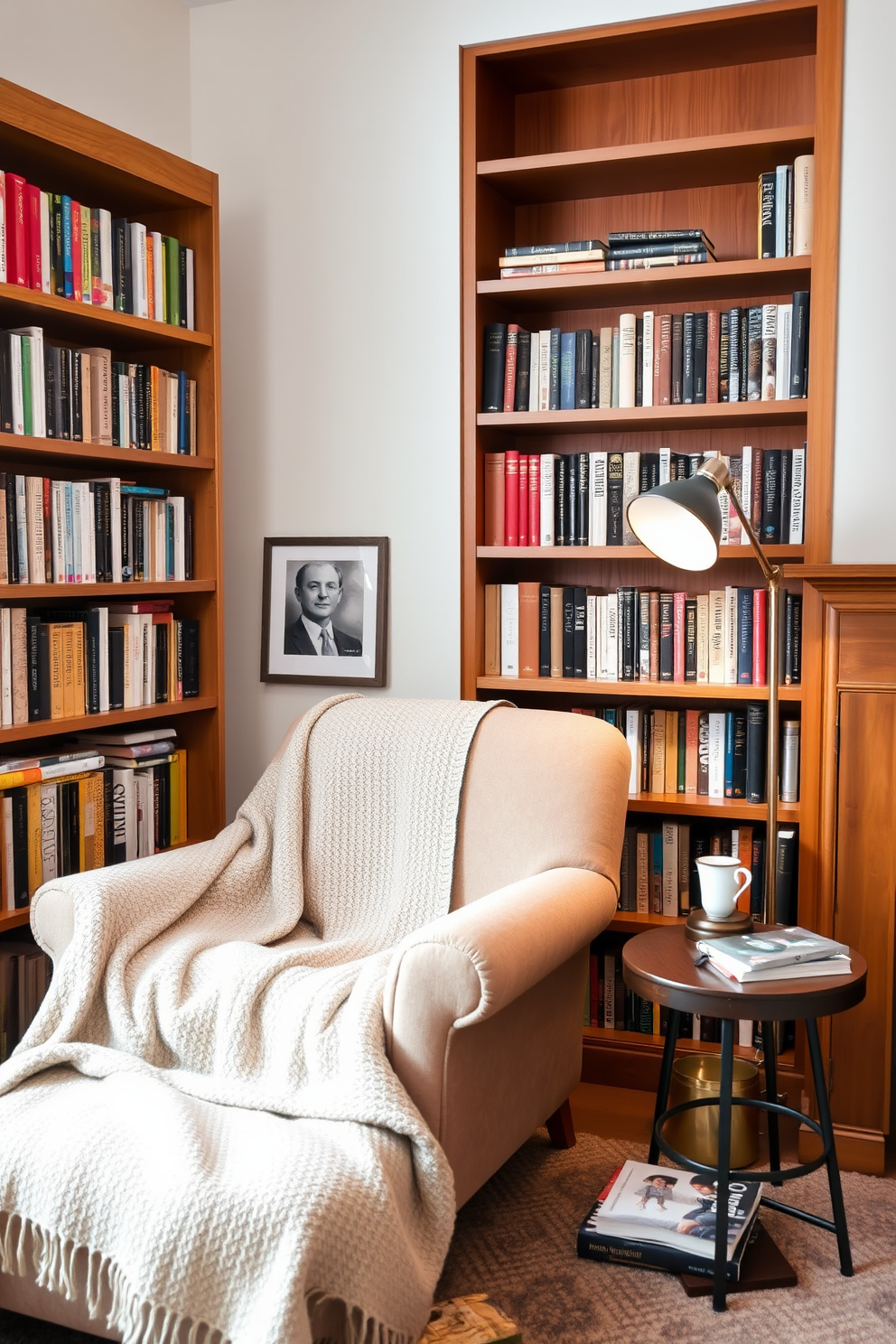 A reading corner with a cozy throw blanket. There is a plush armchair in a soft fabric, positioned next to a tall bookshelf filled with various books. A small home library featuring warm wooden shelves. A comfortable reading nook is created with a vintage floor lamp and a small side table for a cup of tea.