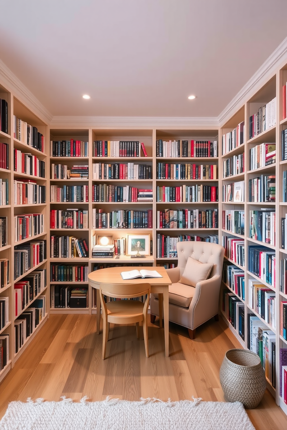 A cozy small desk for writing and reading is positioned against a soft pastel wall. The desk features a light wood finish with a comfortable chair and a small lamp for focused lighting. The small home library is designed with floor-to-ceiling bookshelves filled with an array of books. A plush reading nook with a comfortable armchair and a side table creates an inviting space for relaxation and study.