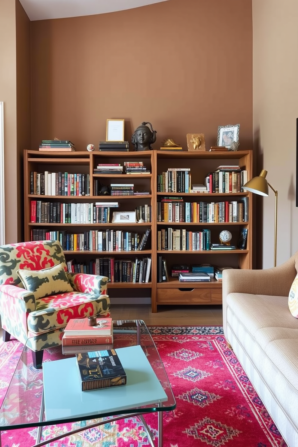 An eclectic small home library features a blend of vintage and modern furniture styles. A comfortable armchair in a bold print sits beside a sleek glass coffee table, while a rustic wooden bookshelf displays an array of books and decorative items. The walls are painted in a warm taupe, creating a cozy atmosphere. A colorful area rug anchors the space, and a stylish floor lamp provides soft lighting for reading.