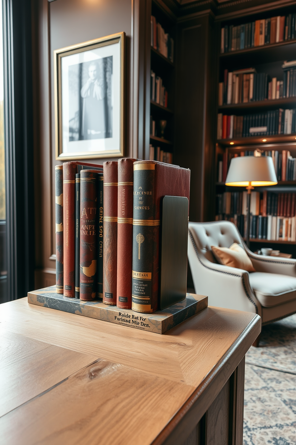 Artistic bookends crafted from marble and metal stand elegantly on a sturdy wooden shelf. The library features warm lighting that highlights the rich tones of the books and adds a cozy atmosphere. A plush reading chair is positioned near a large window, inviting natural light to flood the space. The walls are adorned with framed artwork and shelves filled with an eclectic mix of books, creating a personal and inspiring environment.