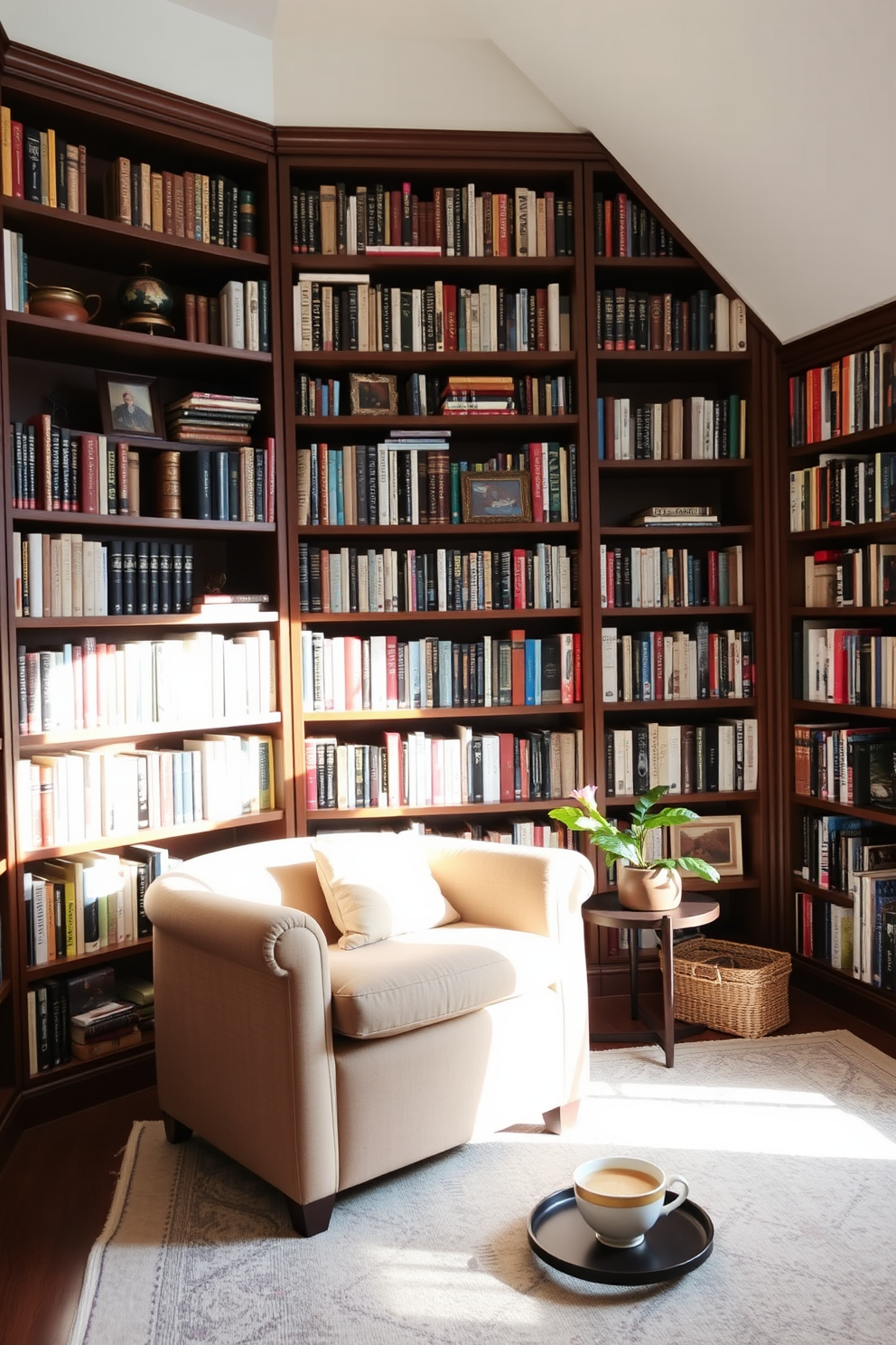 A cozy home library filled with natural light. There are floor-to-ceiling bookshelves made of dark wood, showcasing an array of books and decorative items. In the center, a plush reading chair upholstered in a soft fabric invites relaxation. A small side table holds a steaming cup of tea and a decorative plant, adding a touch of greenery to the space.