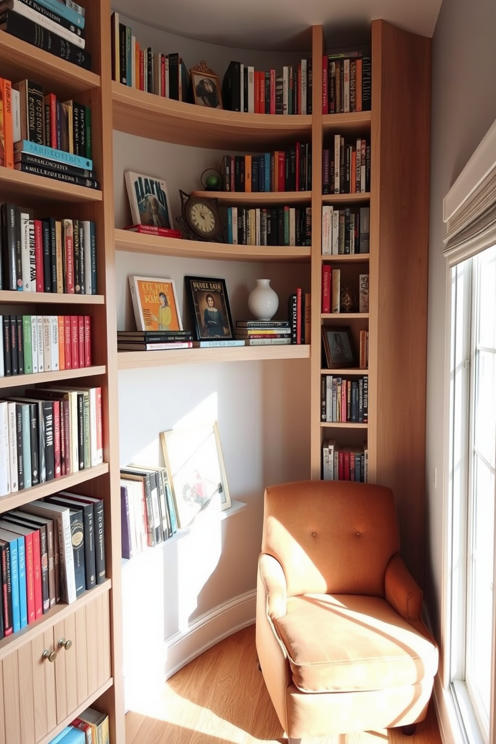 A cozy small home library features floating shelves made of light wood, displaying an array of colorful books and decorative items. A comfortable reading nook is created with a plush armchair and a small side table, bathed in natural light from a nearby window.