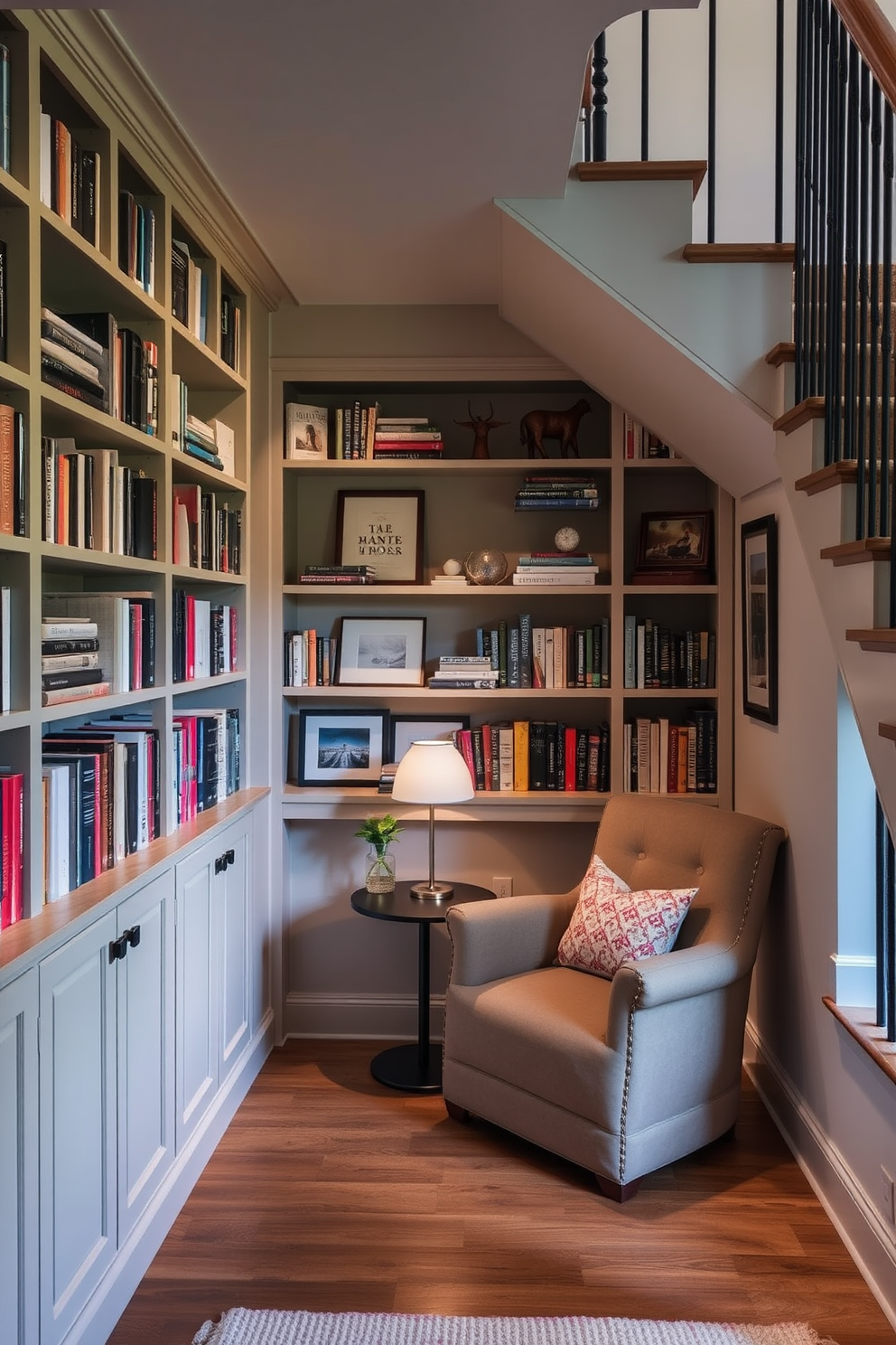 A cozy small home library nestled under the stairs. The shelves are built into the wall, filled with books and decorative items, while a comfortable reading nook with a plush armchair and a small side table invites relaxation.