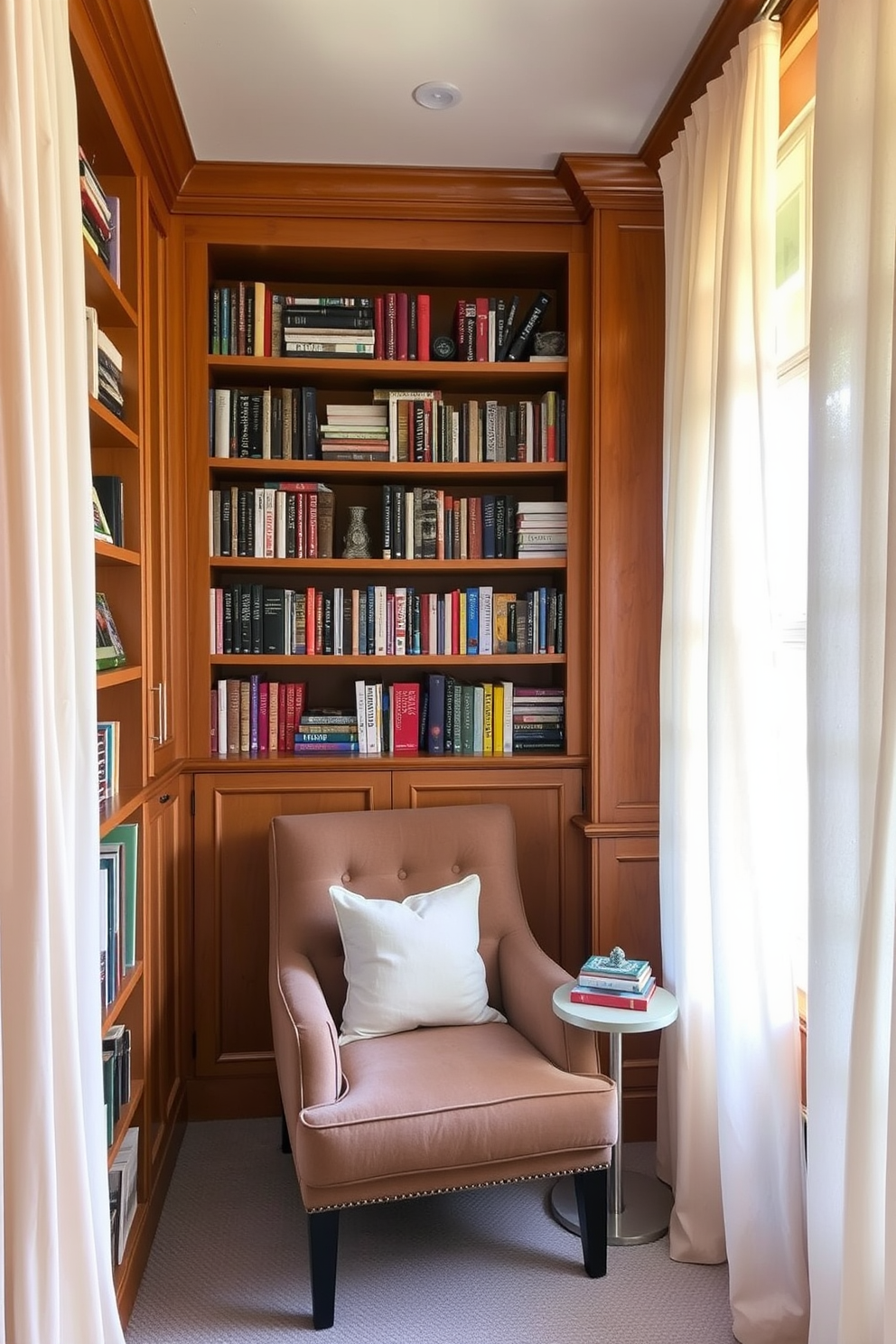 A small home library filled with natural light. The walls are lined with built-in wooden bookshelves, showcasing a variety of books and decorative items. A comfortable reading nook features a plush armchair and a small side table. Soft curtains frame the windows, adding warmth and a cozy atmosphere to the space.