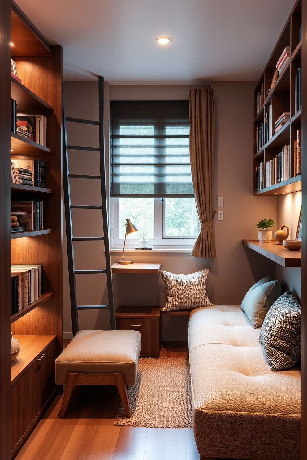 A cozy small home library features multi-functional furniture to maximize space. A sleek bookshelf doubles as a ladder for reaching higher shelves, while a compact sofa bed provides seating and sleeping options. The room is adorned with warm lighting and soft textures to create an inviting atmosphere. A foldable desk allows for a workspace that can be tucked away when not in use, ensuring the area remains open and airy.