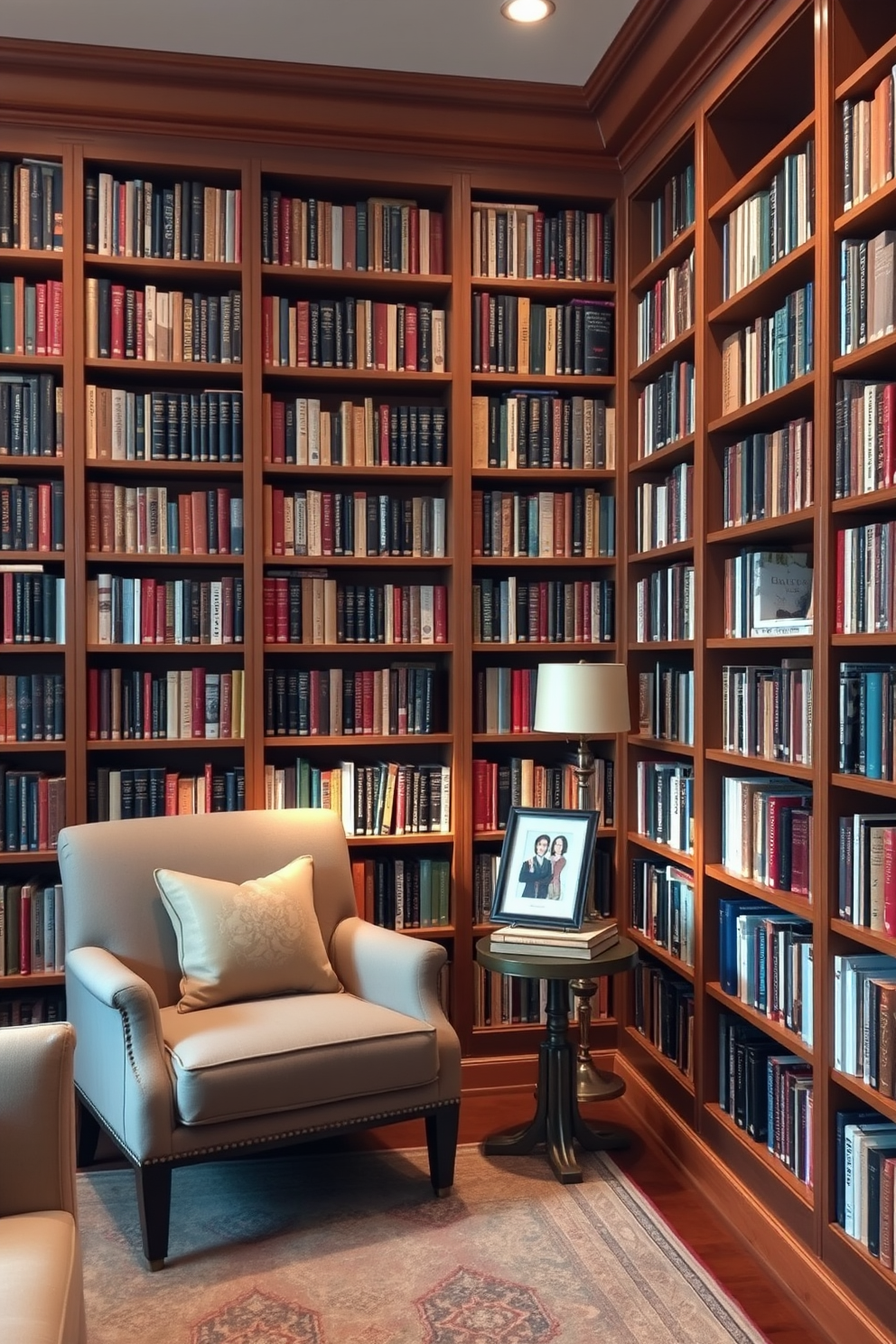 A cozy home library with floor-to-ceiling bookshelves filled with a curated collection of books. A comfortable reading nook features a plush armchair and a small side table, adorned with a personalized piece of art that reflects your unique taste. Soft lighting from a stylish lamp illuminates the space, creating a warm and inviting atmosphere. The color palette includes rich wood tones and calming neutrals, enhancing the overall aesthetic of the library.