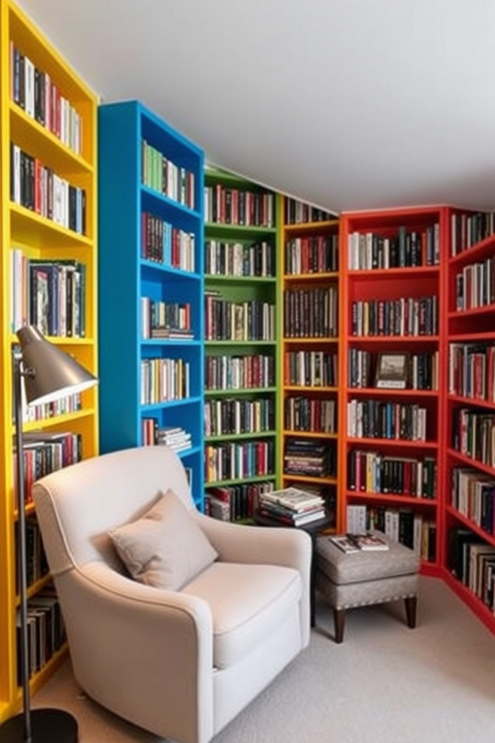 A cozy small home library features color-coded bookshelves meticulously arranged to create a visually appealing and organized space. The shelves are filled with books in vibrant hues, creating a rainbow effect that adds energy to the room. A comfortable reading nook is nestled in one corner, with a plush armchair and a small side table for beverages. Soft lighting from a stylish floor lamp enhances the inviting atmosphere, making it the perfect spot to enjoy a good book.