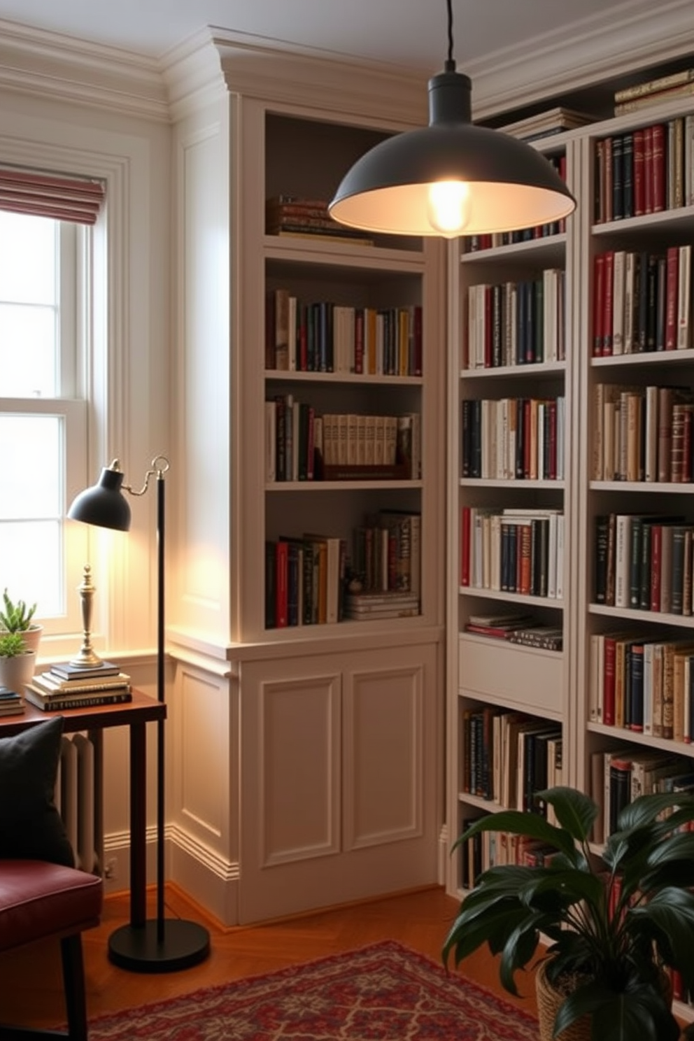 Create a cozy small home library featuring unique lighting fixtures that add character to the space. Incorporate a mix of floor lamps and pendant lights to illuminate the bookshelves and reading areas, enhancing the inviting atmosphere.