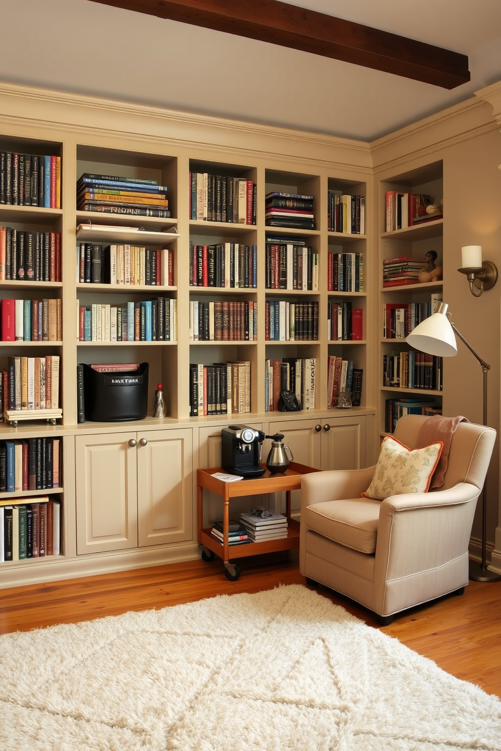 A cozy home library features a wall of built-in bookshelves filled with an eclectic mix of books and decorative items. In one corner, a small coffee station is set up with a sleek espresso machine, a wooden cart for supplies, and a comfortable armchair nearby for enjoying quiet reading moments. The walls are painted in a warm neutral tone, creating an inviting atmosphere, while a plush area rug adds texture to the hardwood floor. Soft lighting from a stylish floor lamp and wall sconces illuminates the space, enhancing the library's charm and functionality.