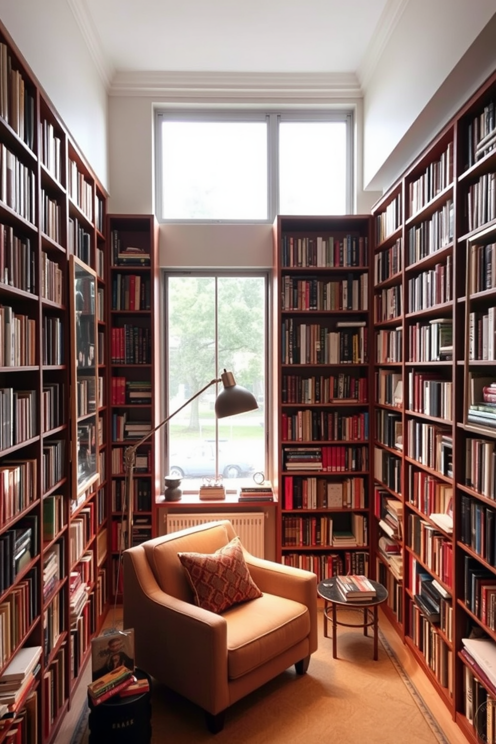 A cozy small home library with floor-to-ceiling bookshelves filled with a variety of books. A large window allows natural light to flood the space, and a pair of mirrors on opposite walls reflect the light, making the room feel more spacious. A comfortable reading nook features a plush armchair and a small side table for drinks. Soft, warm lighting from a stylish floor lamp creates an inviting atmosphere for evening reading sessions.