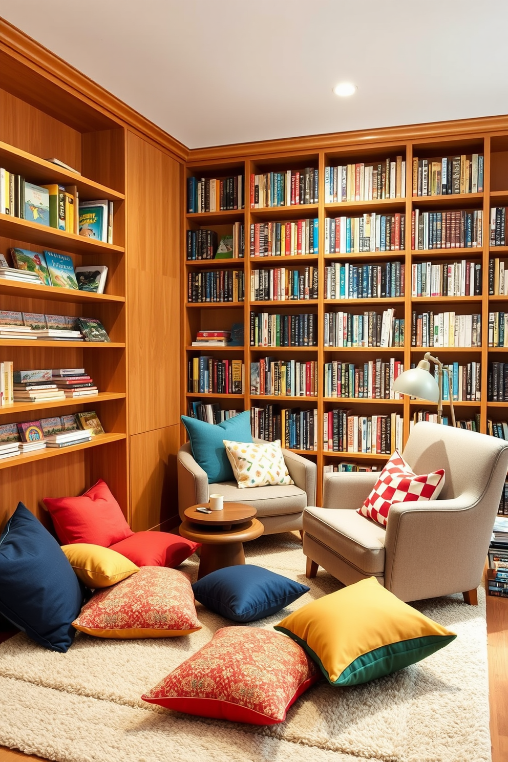 A cozy child-friendly reading area filled with colorful cushions scattered on a soft rug. Shelves lined with children's books create an inviting atmosphere, while a small table provides space for reading and drawing. A charming small home library designed with warm wooden bookshelves that reach the ceiling. A comfortable armchair sits in the corner, accompanied by a small side table for drinks and a reading lamp.