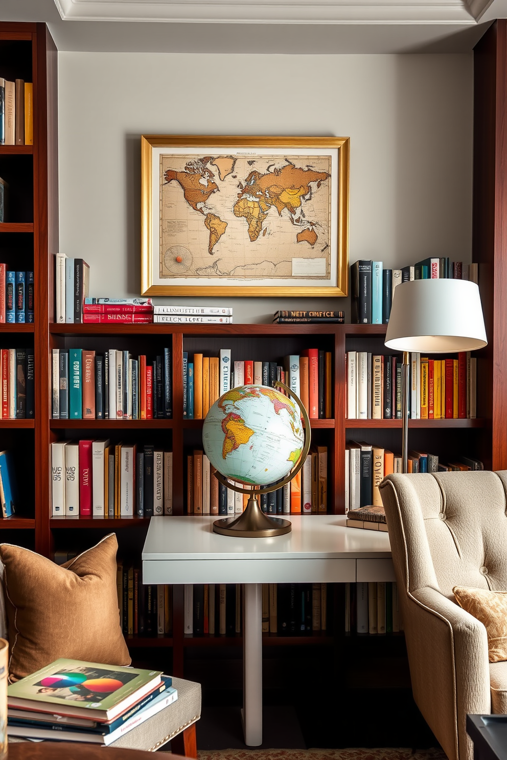 A stylish globe sits atop a sleek wooden shelf in a cozy home library, surrounded by an array of well-organized books in various colors. The walls are lined with rich mahogany bookshelves, and a plush armchair invites readers to relax with their favorite novels. A vintage world map is framed and hung above a modern writing desk, adding an artistic touch to the space. Soft lighting from a nearby lamp creates a warm ambiance, perfect for late-night reading or studying.