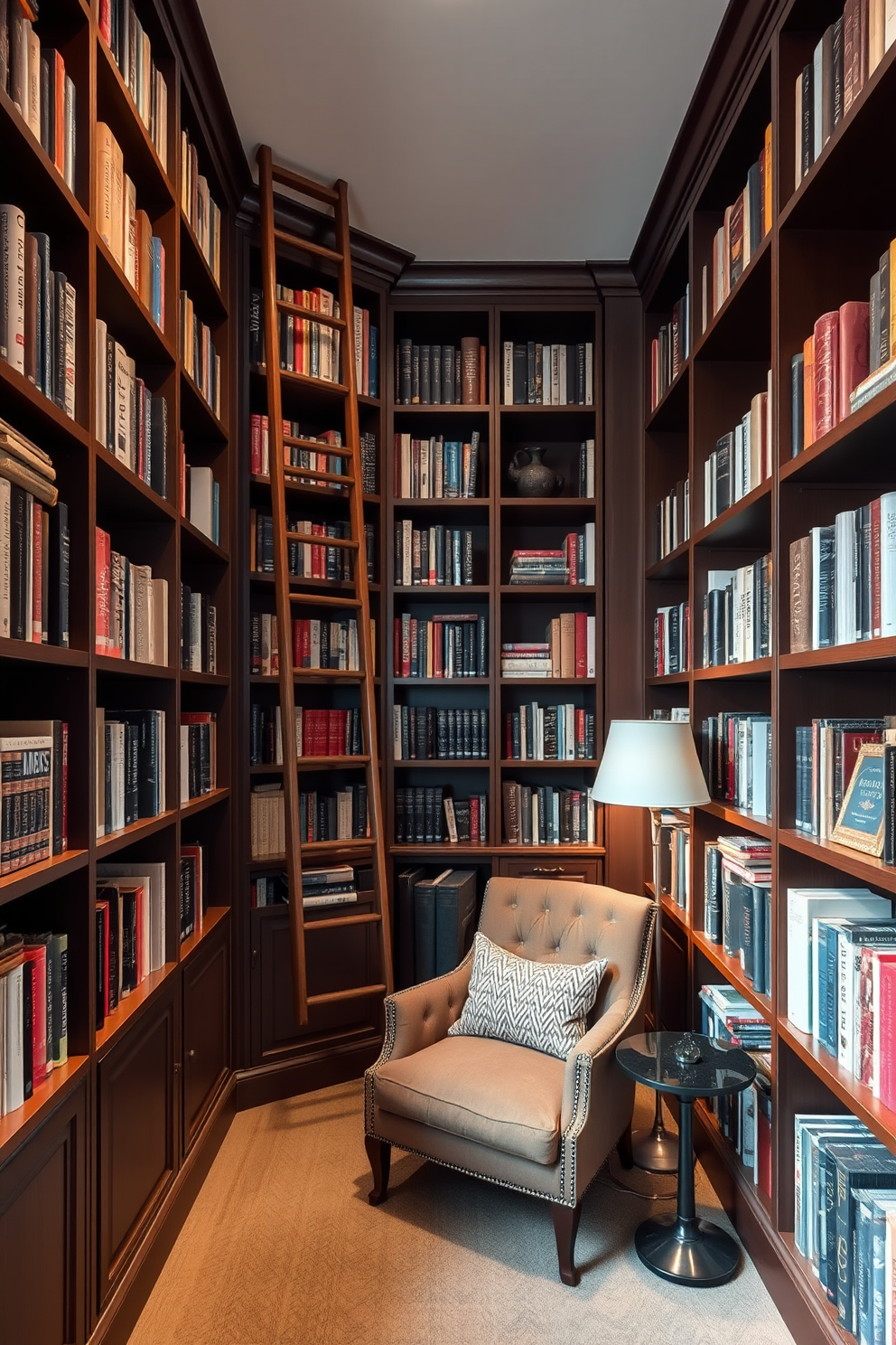 A cozy small home library with built-in bookshelves reaching from floor to ceiling. A stylish wooden ladder is positioned against the shelves, providing access to the upper levels filled with an array of books and decorative items. The space features a comfortable reading nook with a plush armchair and a small side table. Soft, warm lighting creates an inviting atmosphere, while a rich color palette enhances the overall sophistication of the design.